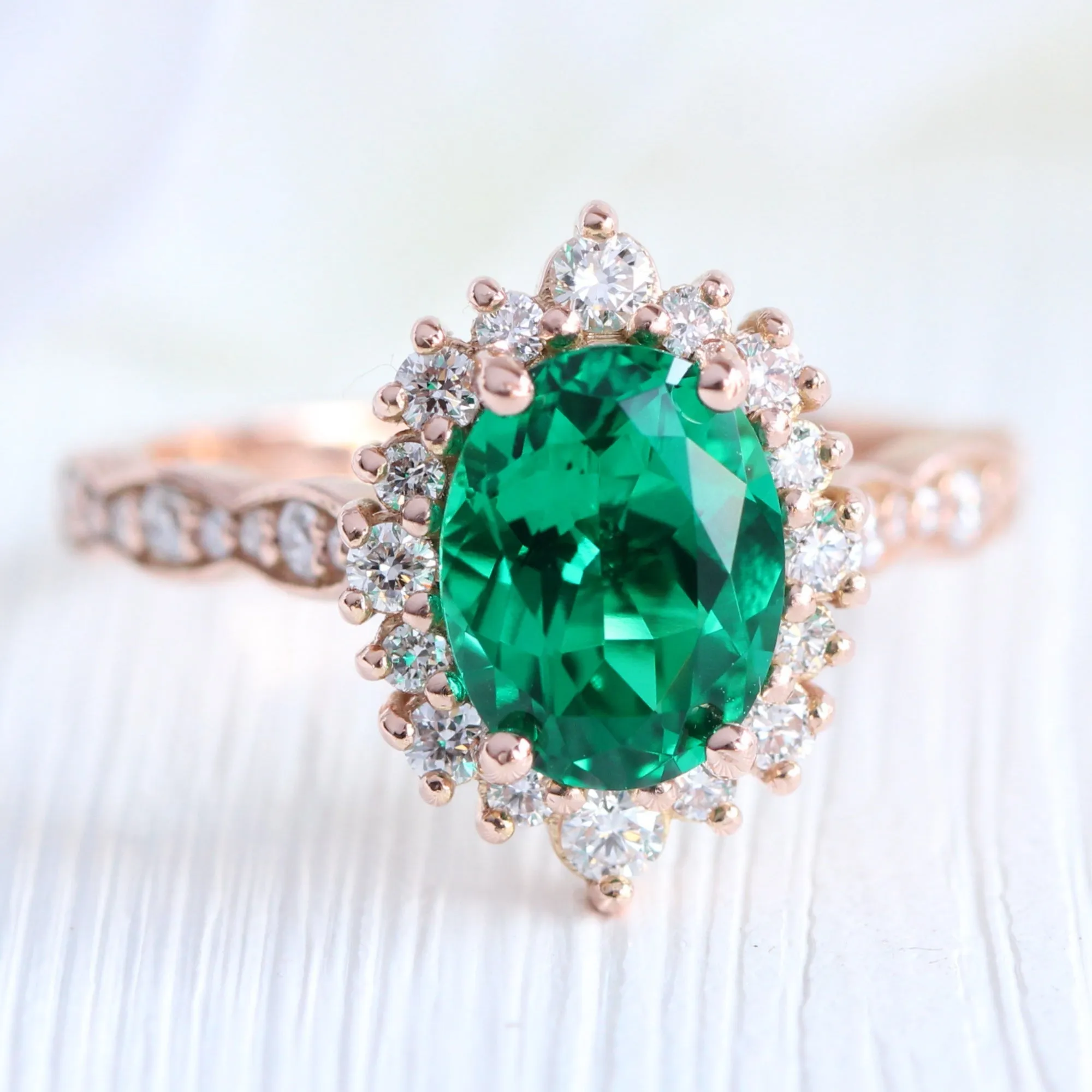 Large Tiara Halo Scalloped Ring Set w/ Oval Emerald and Large 7 Diamond U Band