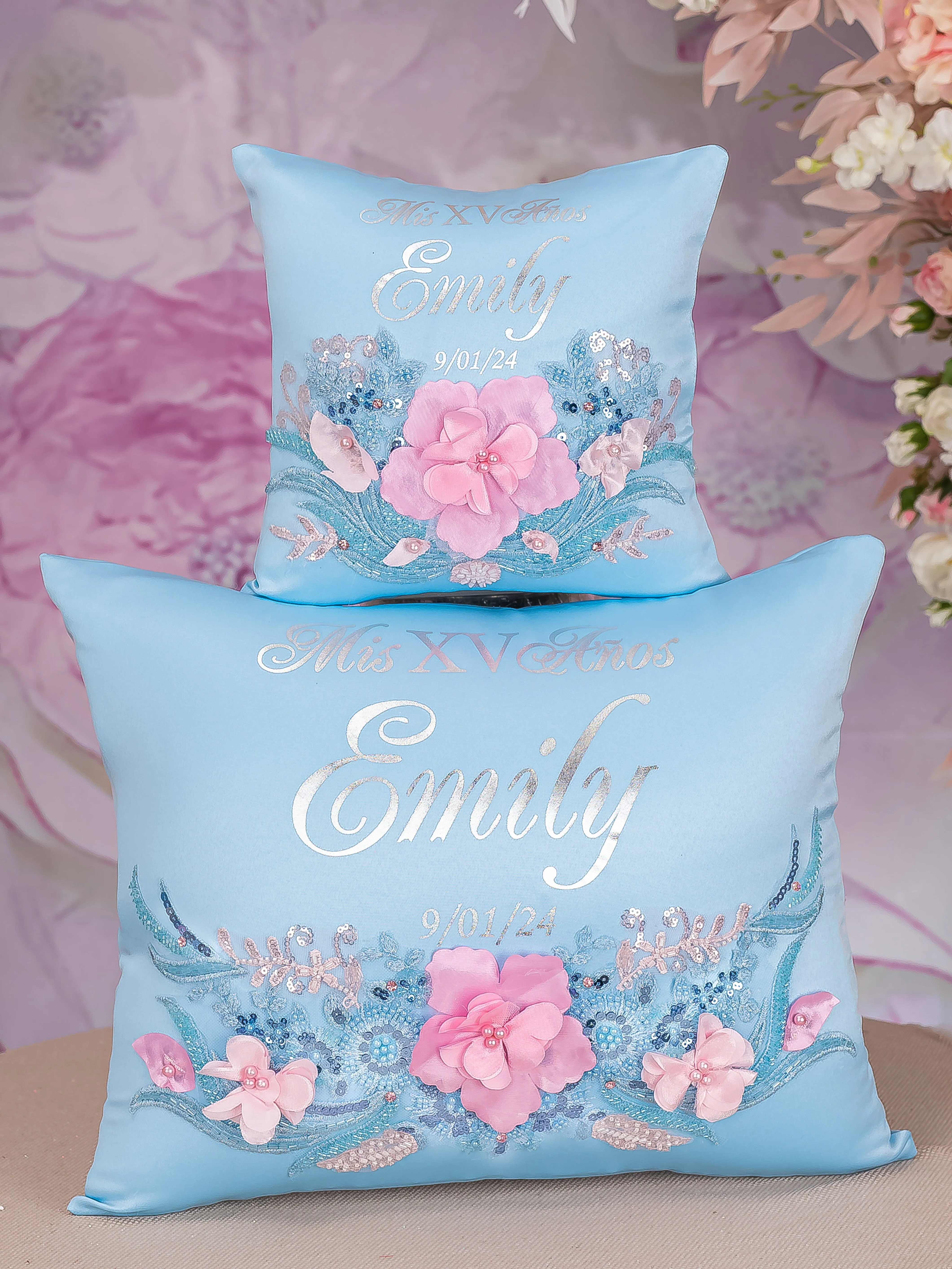 Light blue with pink Quinceanera tiara pillow