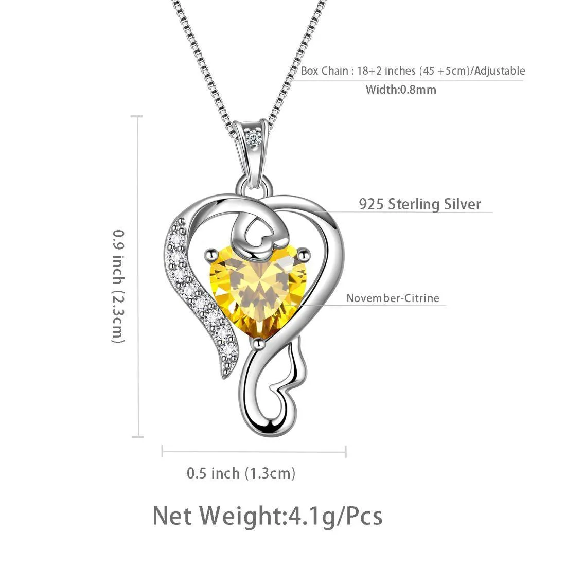 Love Heart Birthstone November Citrine Necklace Pendant Women Girls Jewelry Birthday Gift