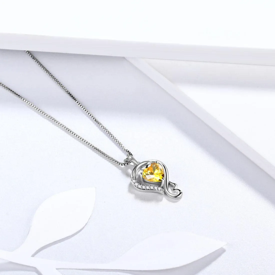 Love Heart Birthstone November Citrine Necklace Pendant Women Girls Jewelry Birthday Gift