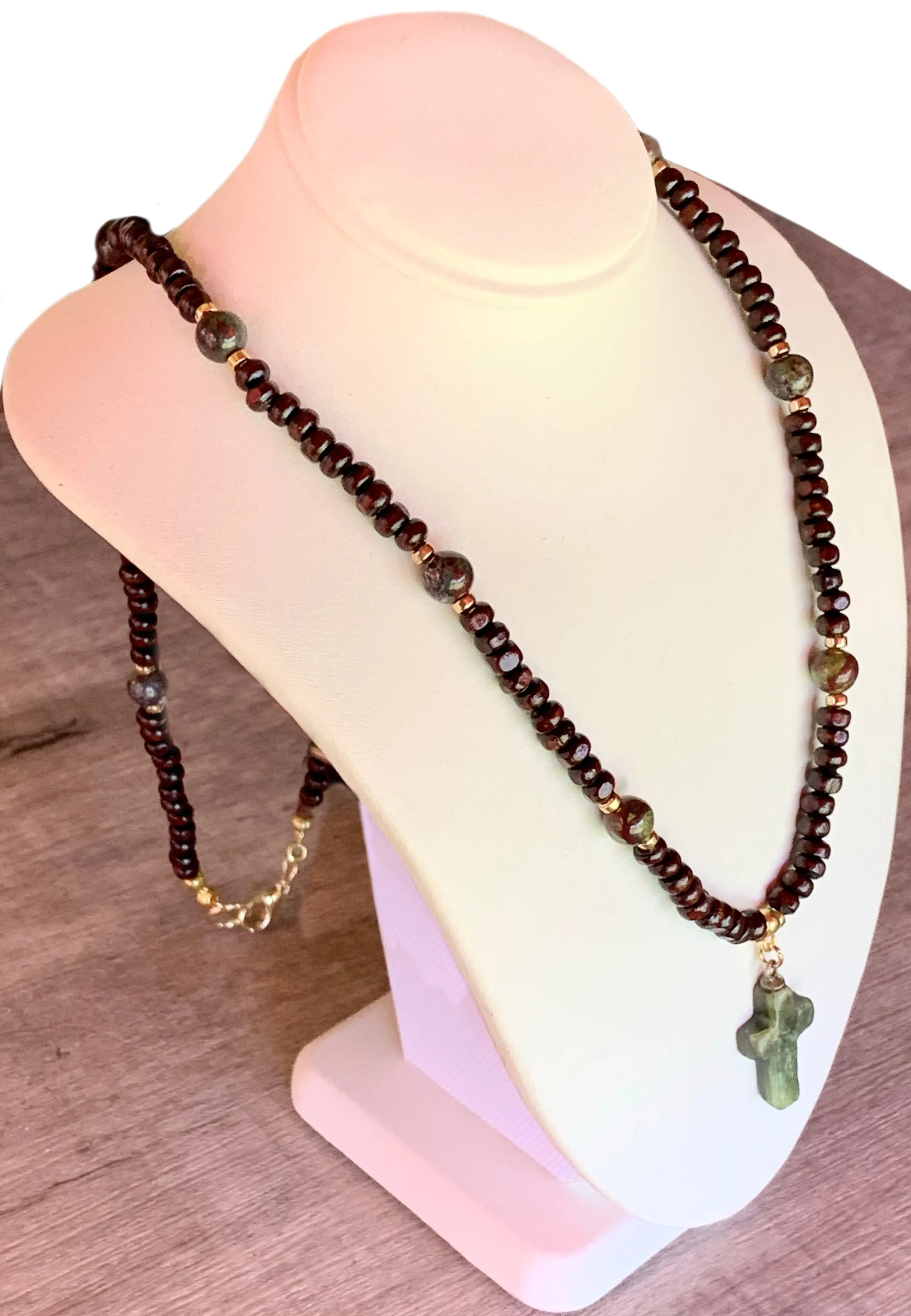 Luke Handmade Dragon Bloodstone Jasper, Dark Wood, Gold Plated Hematite Necklace With a Vintage Jade Cross