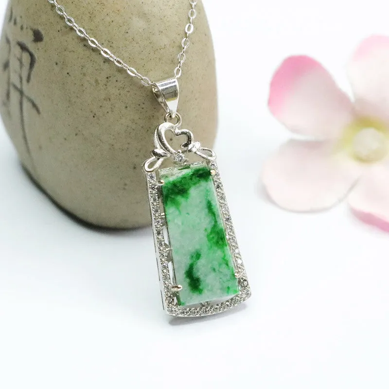 Luxurious Trapezoid Zircon Necklace with Sterling Silver and Natural Jade