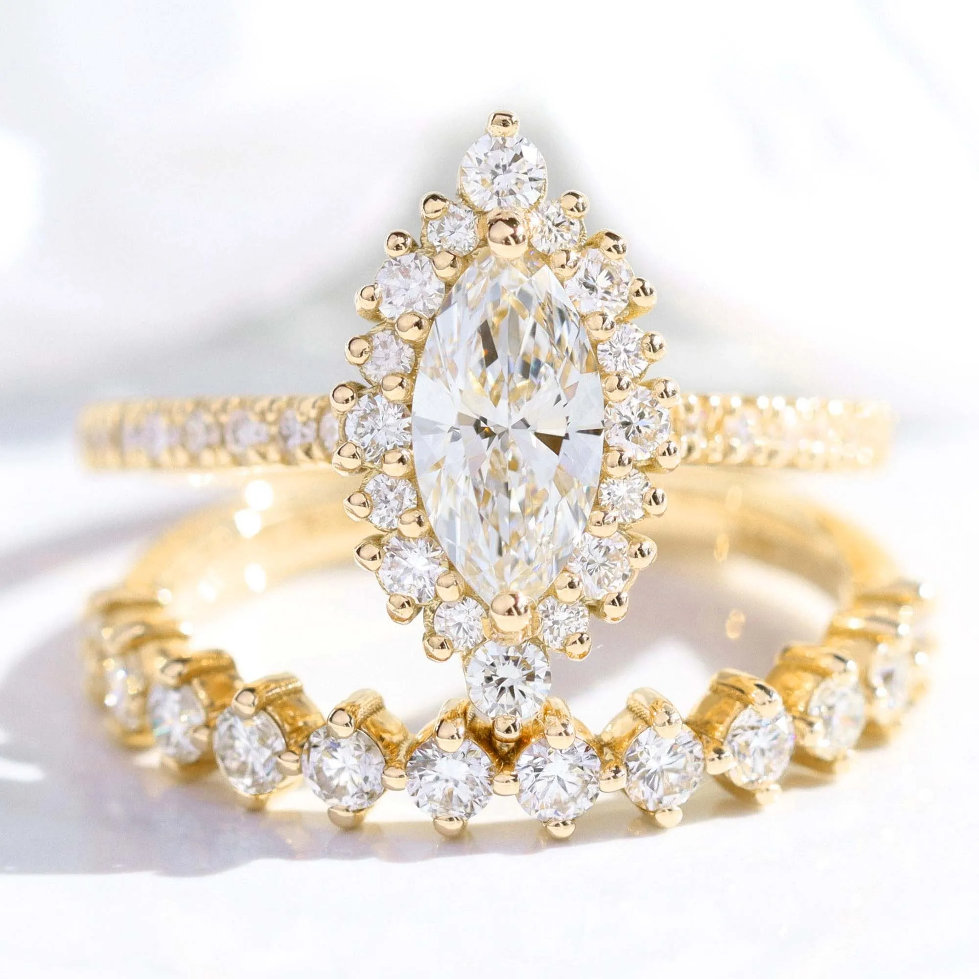 Marquise Diamond Halo Pave Ring w/ Lab Diamond and 4 Prong Wedding Band