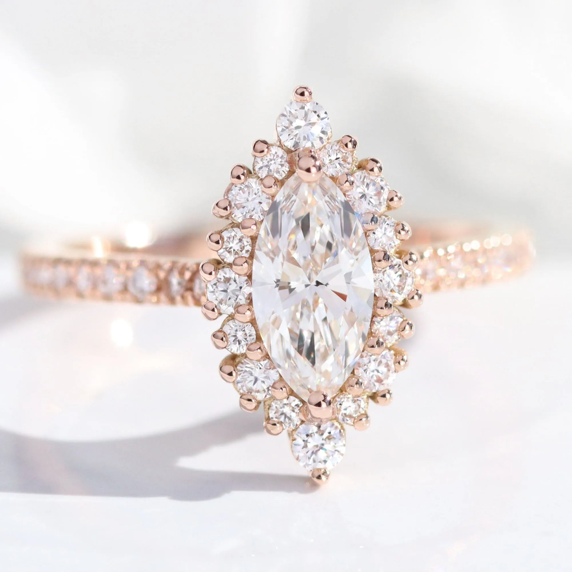 Marquise Diamond Halo Pave Ring w/ Lab Diamond and 4 Prong Wedding Band