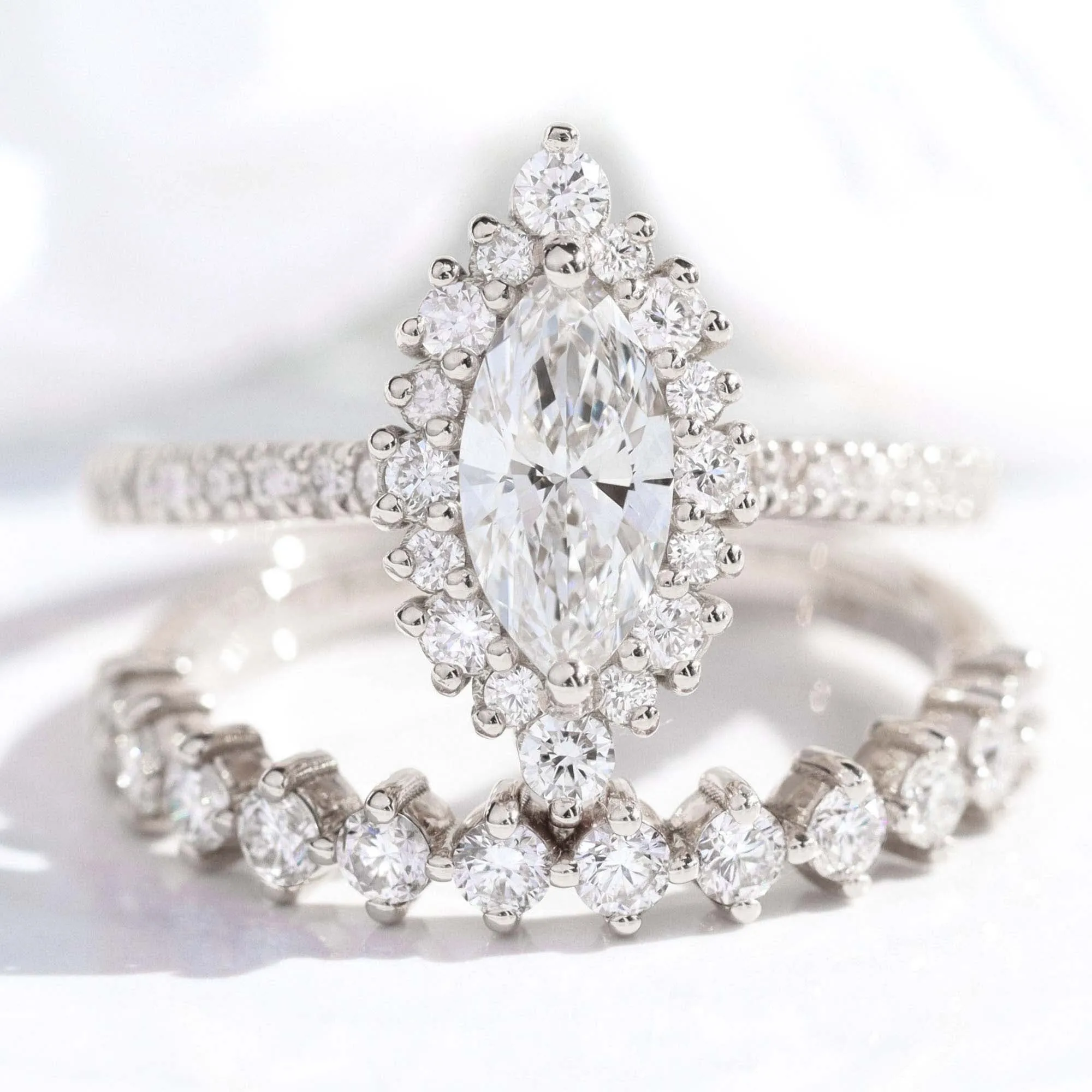 Marquise Diamond Halo Pave Ring w/ Lab Diamond and 4 Prong Wedding Band