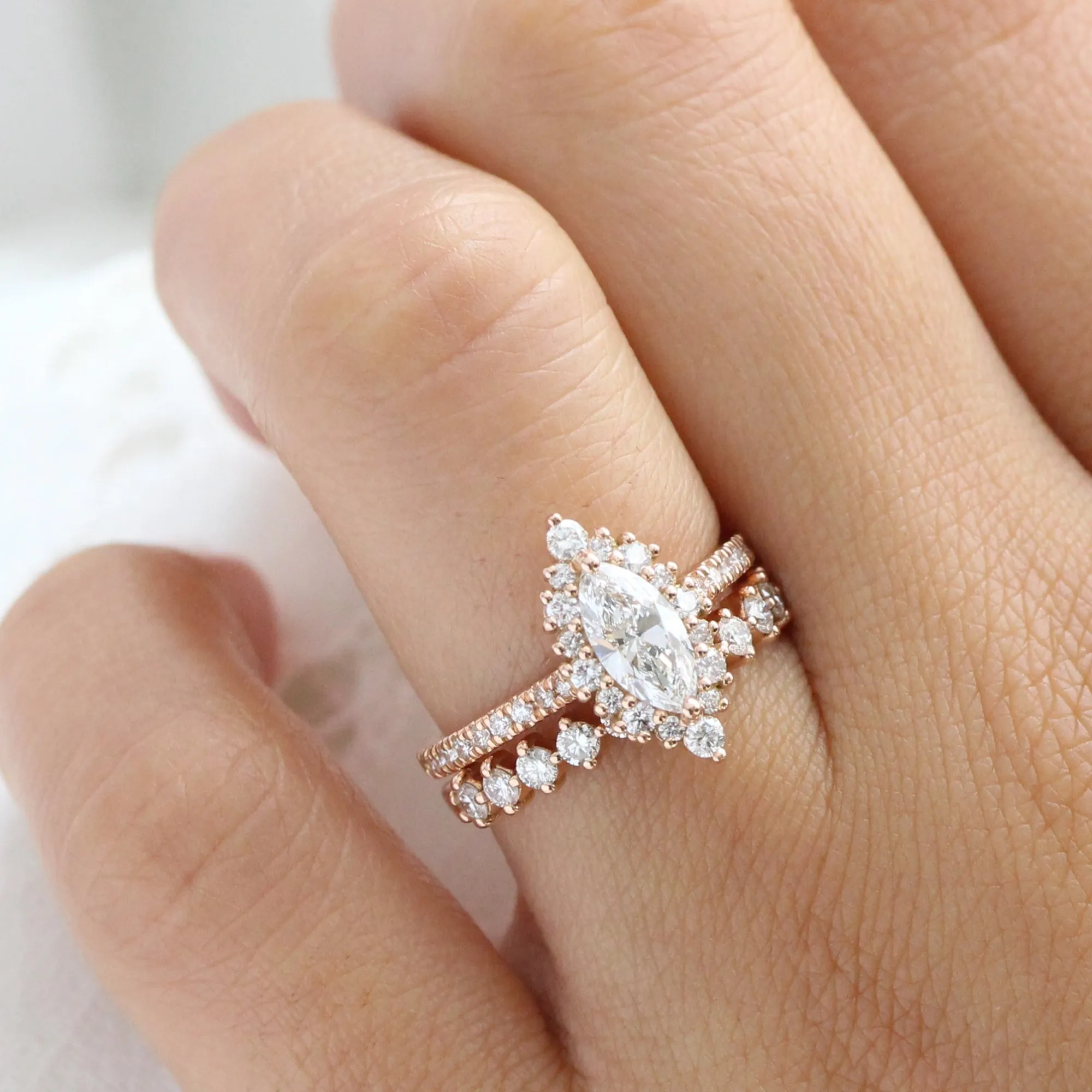 Marquise Diamond Halo Pave Ring w/ Lab Diamond and 4 Prong Wedding Band