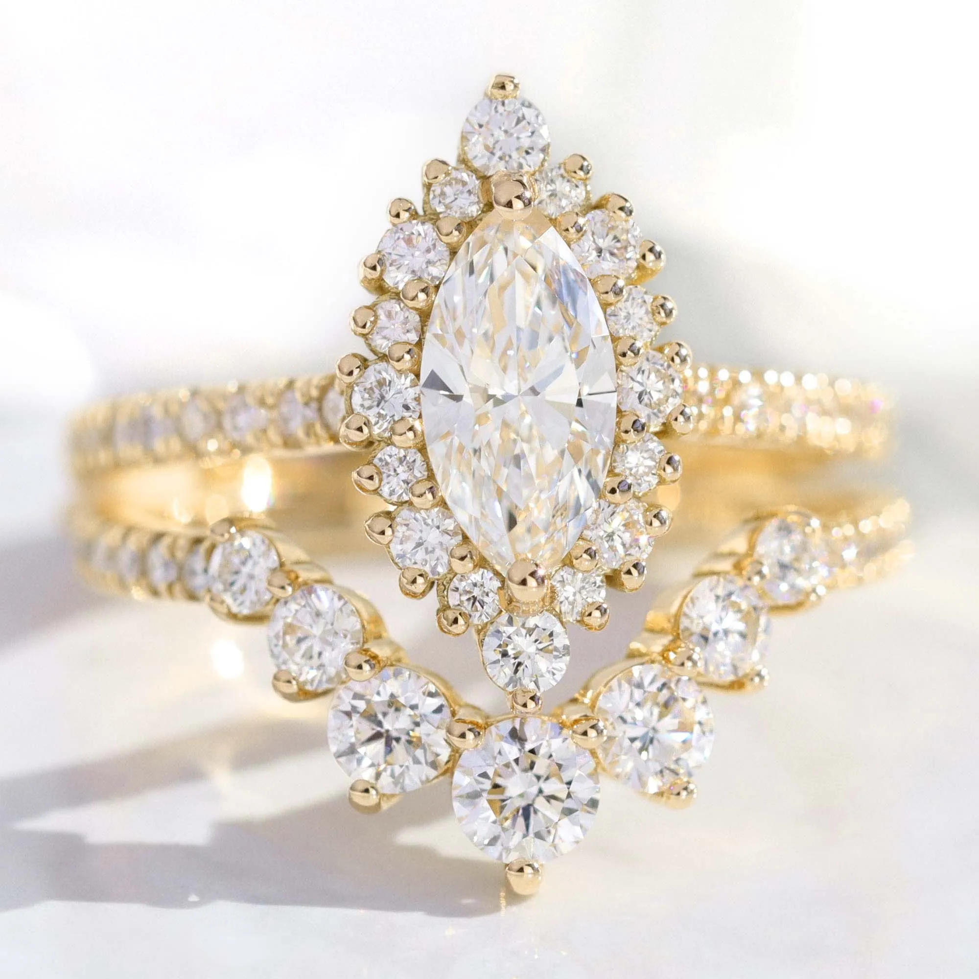 Marquise Diamond Halo Pave Ring w/ Lab Diamond and Large 7 Stone Wedding Band