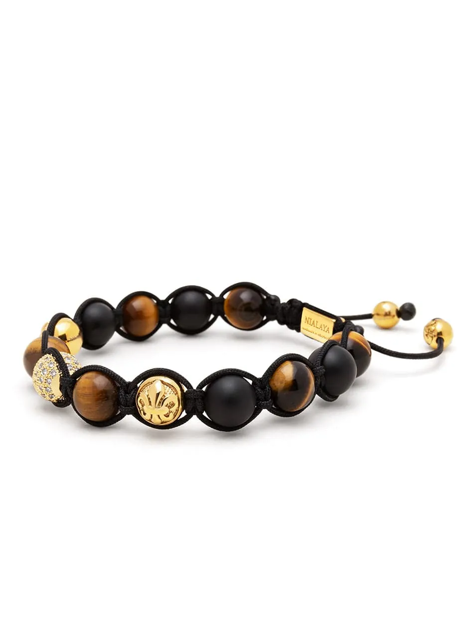 Men's Beaded Bracelet with Gold, CZ Diamond, Matte Onyx, and Brown Tiger Eye