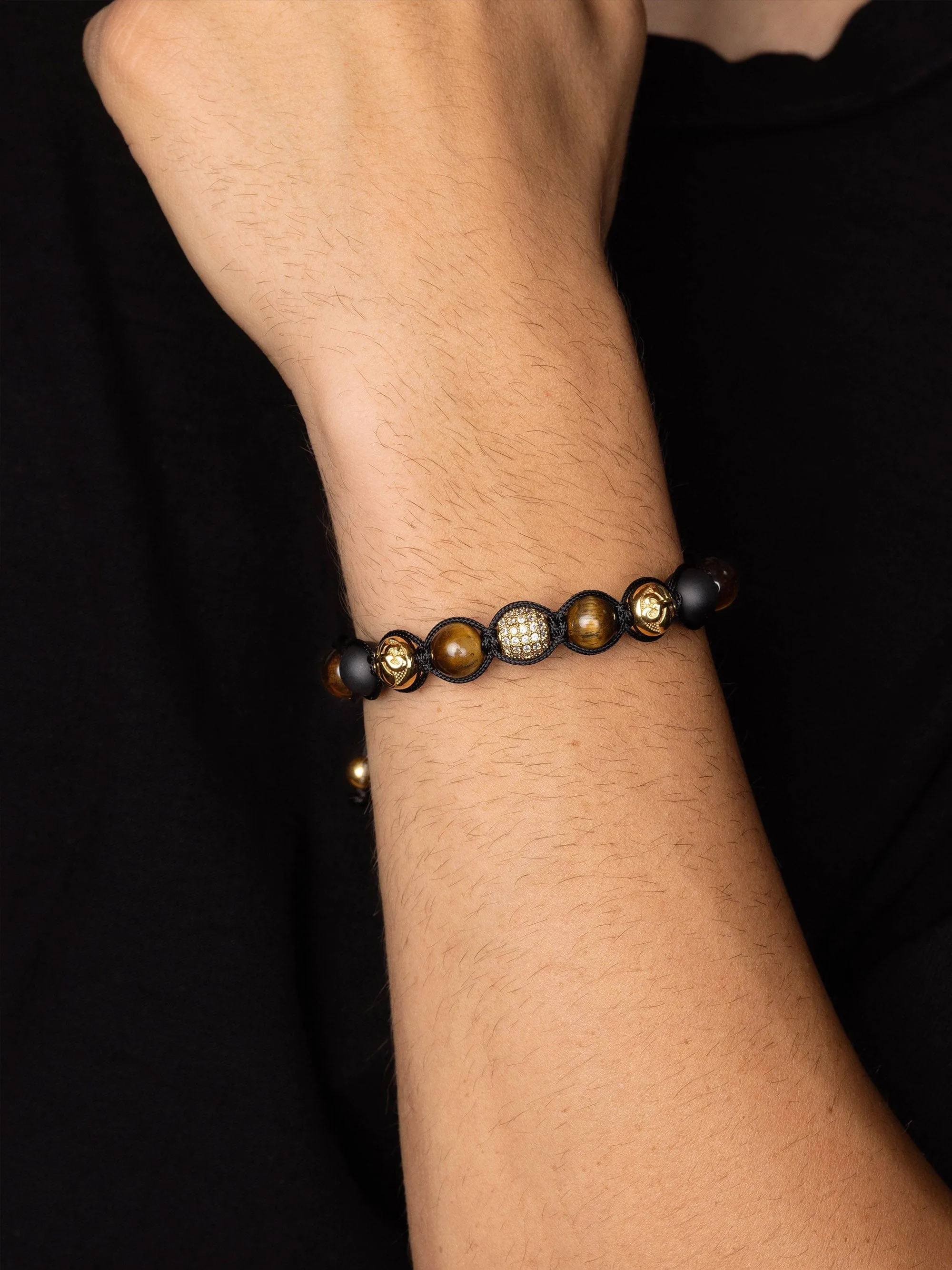 Men's Beaded Bracelet with Gold, CZ Diamond, Matte Onyx, and Brown Tiger Eye