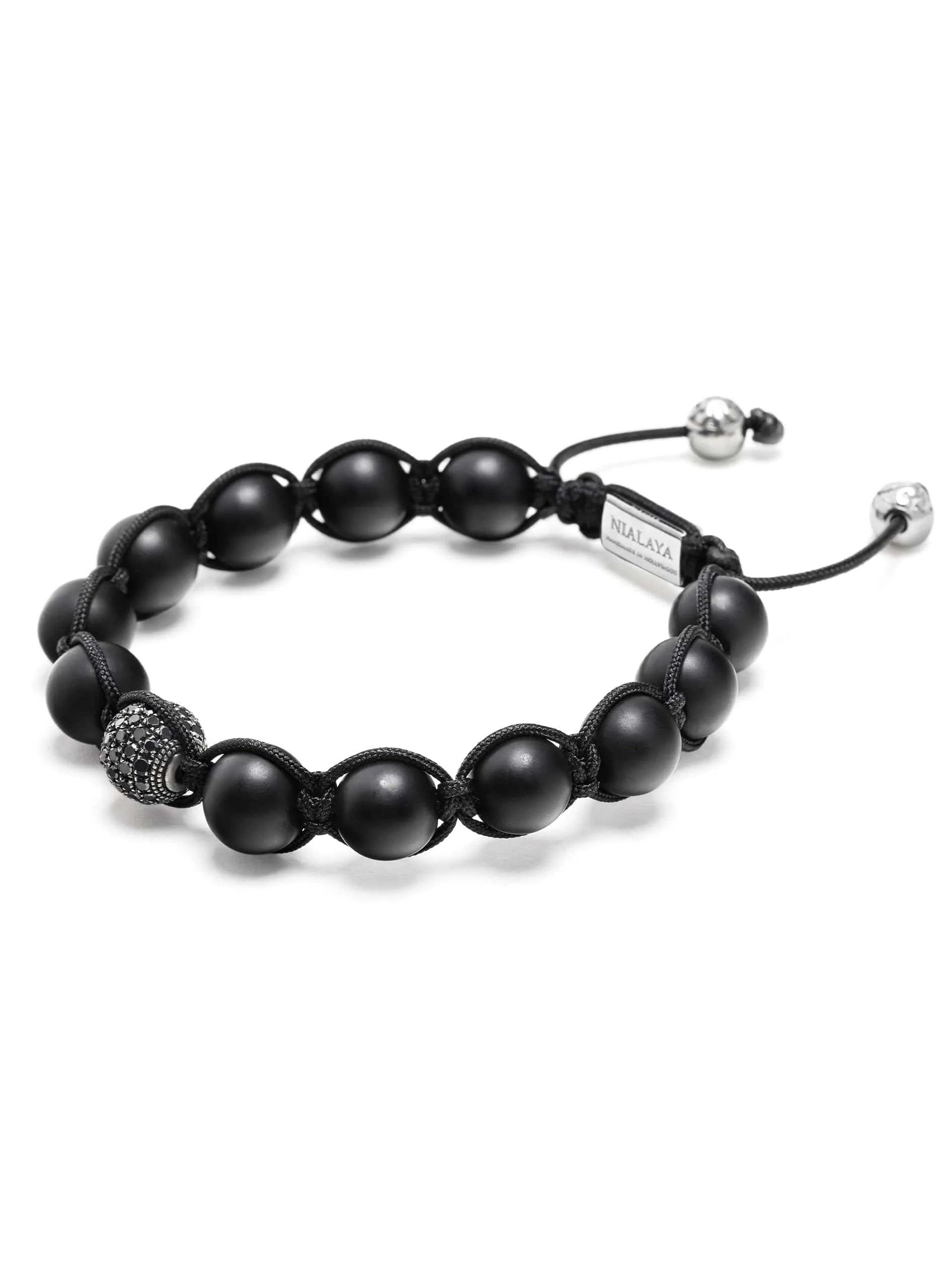 Men's Black Diamond Beaded Bracelet with Matte Onyx and Sterling Silver