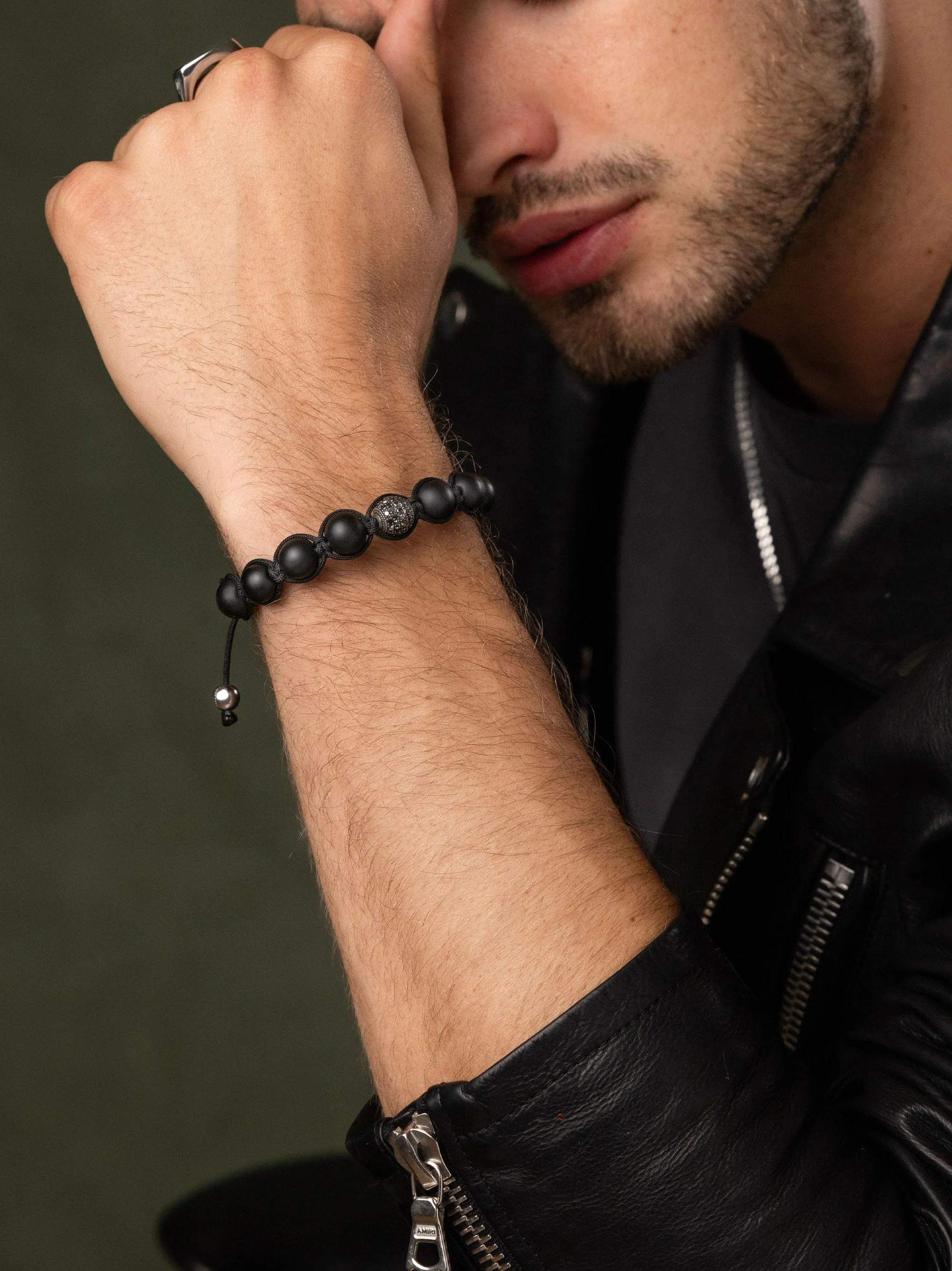 Men's Black Diamond Beaded Bracelet with Matte Onyx and Sterling Silver