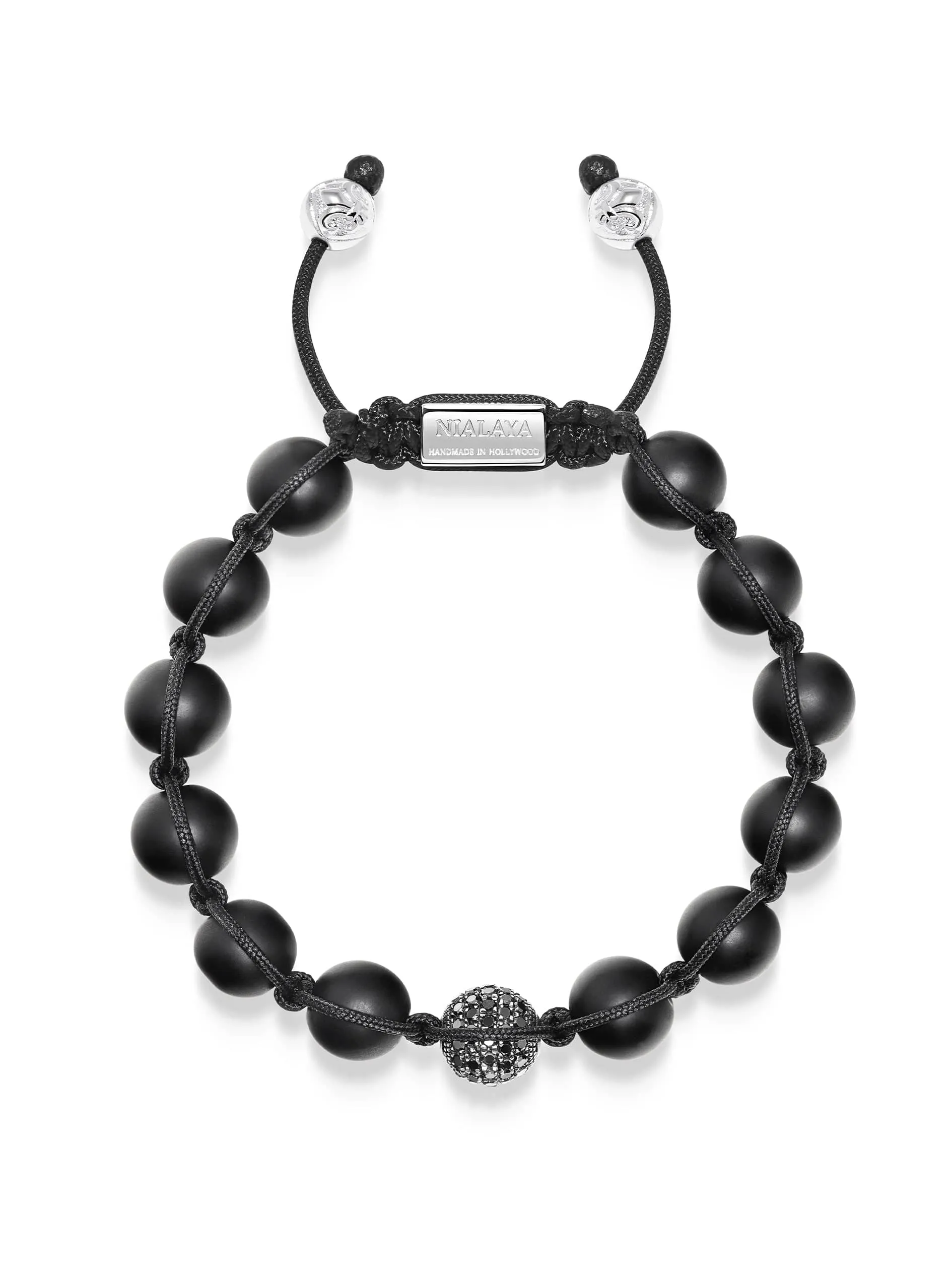 Men's Black Diamond Beaded Bracelet with Matte Onyx and Sterling Silver