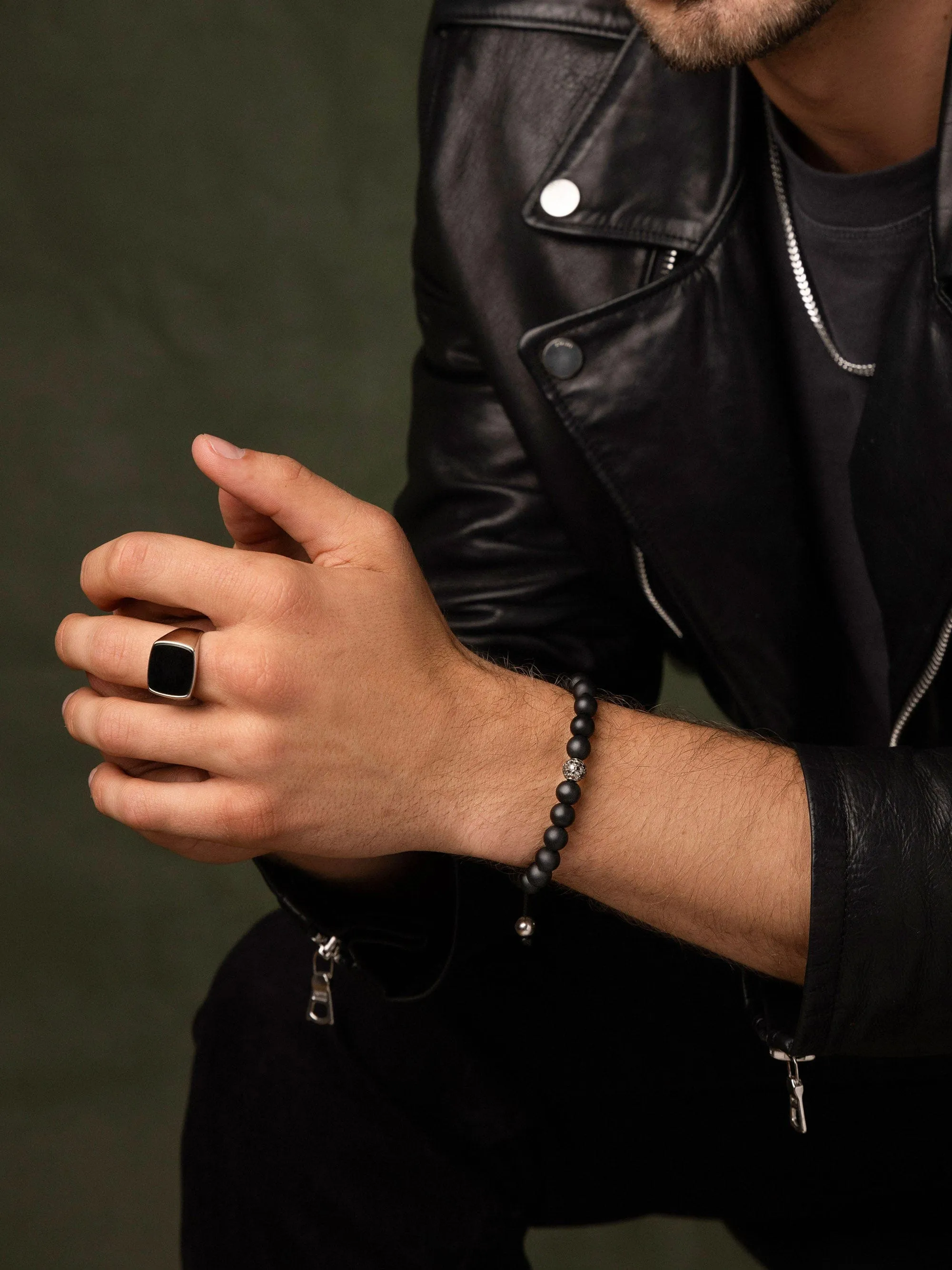 Men's Black Diamond Beaded Bracelet with Matte Onyx