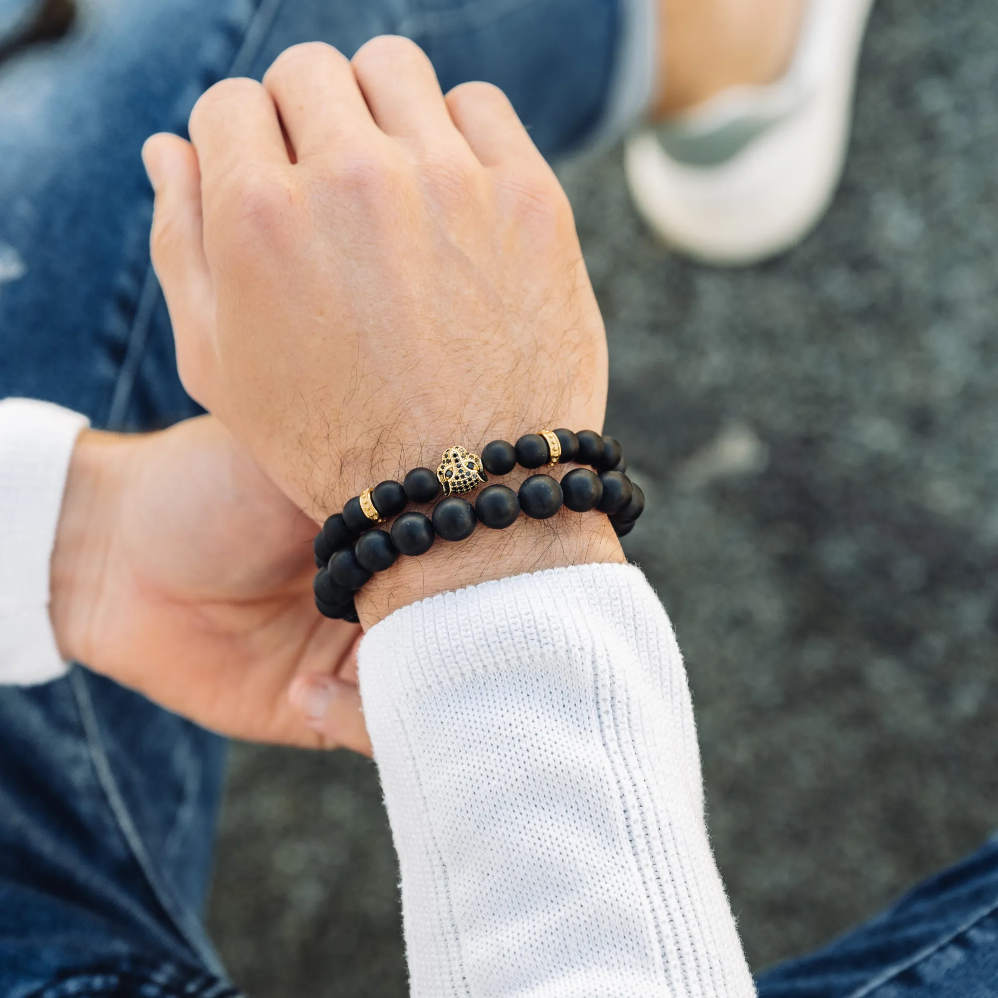 Men's BLACK ONYX Bracelet With Golden LEOPARD Head