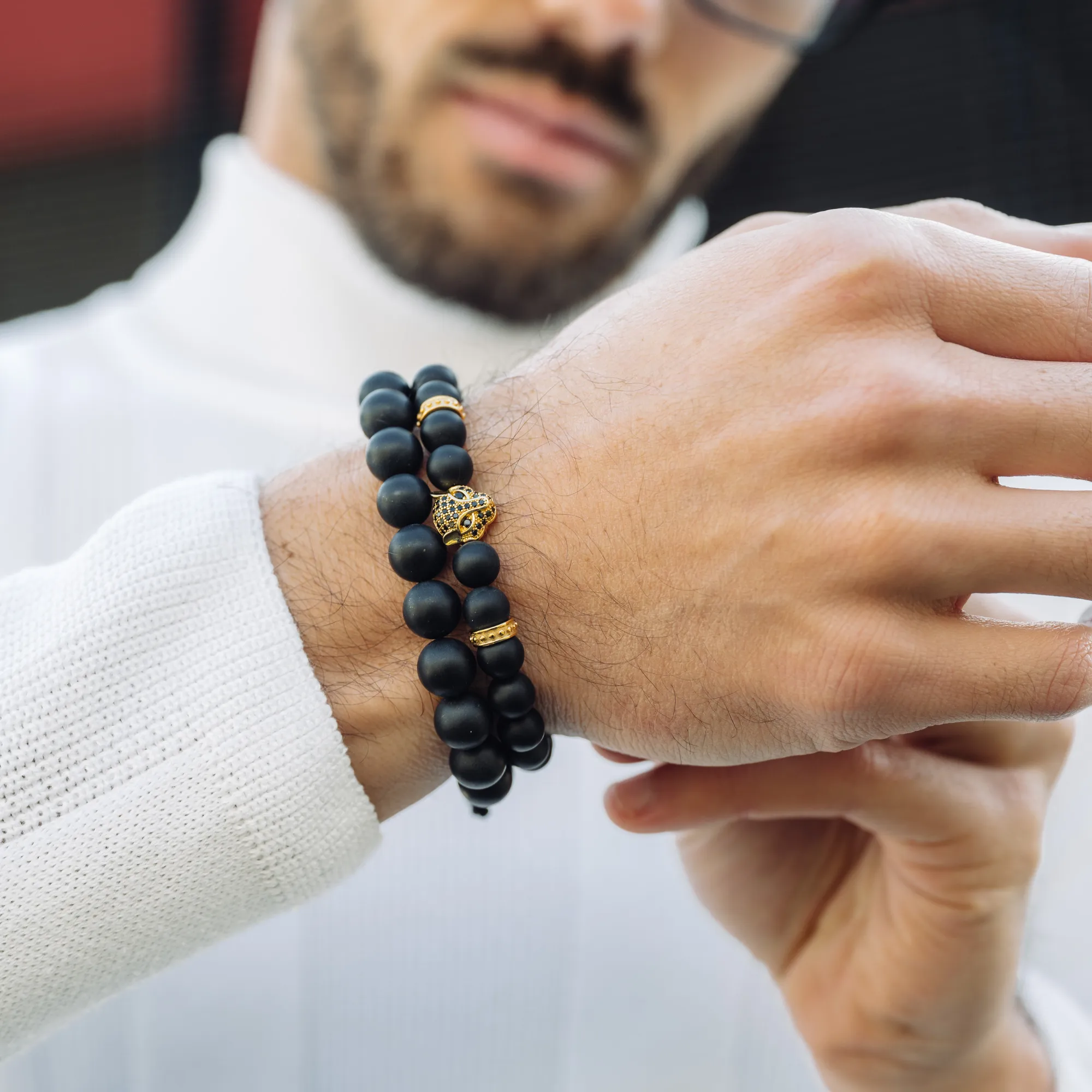 Men's BLACK ONYX Bracelet With Golden LEOPARD Head