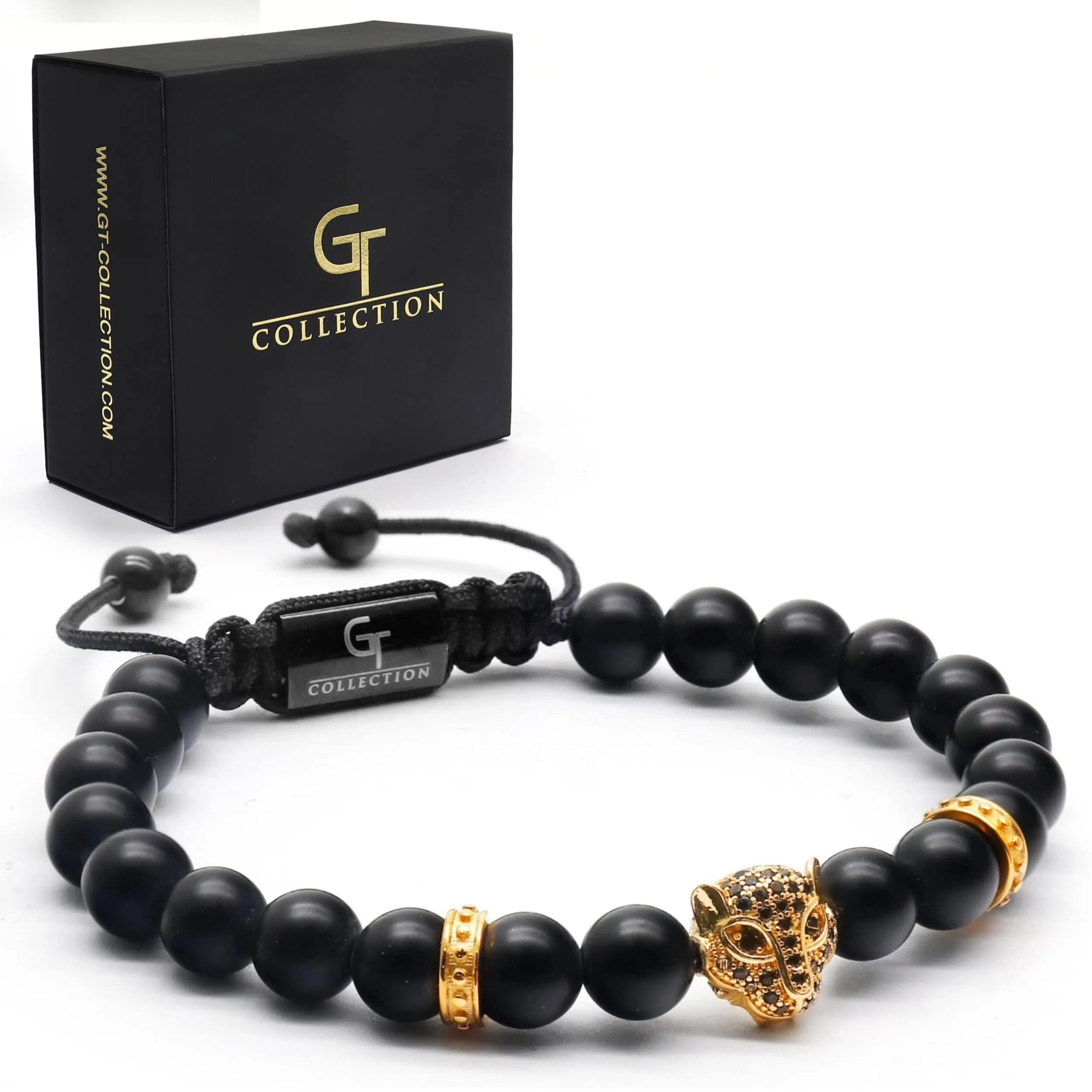 Men's BLACK ONYX Bracelet With Golden LEOPARD Head