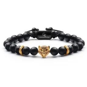 Men's BLACK ONYX Bracelet With Golden LEOPARD Head