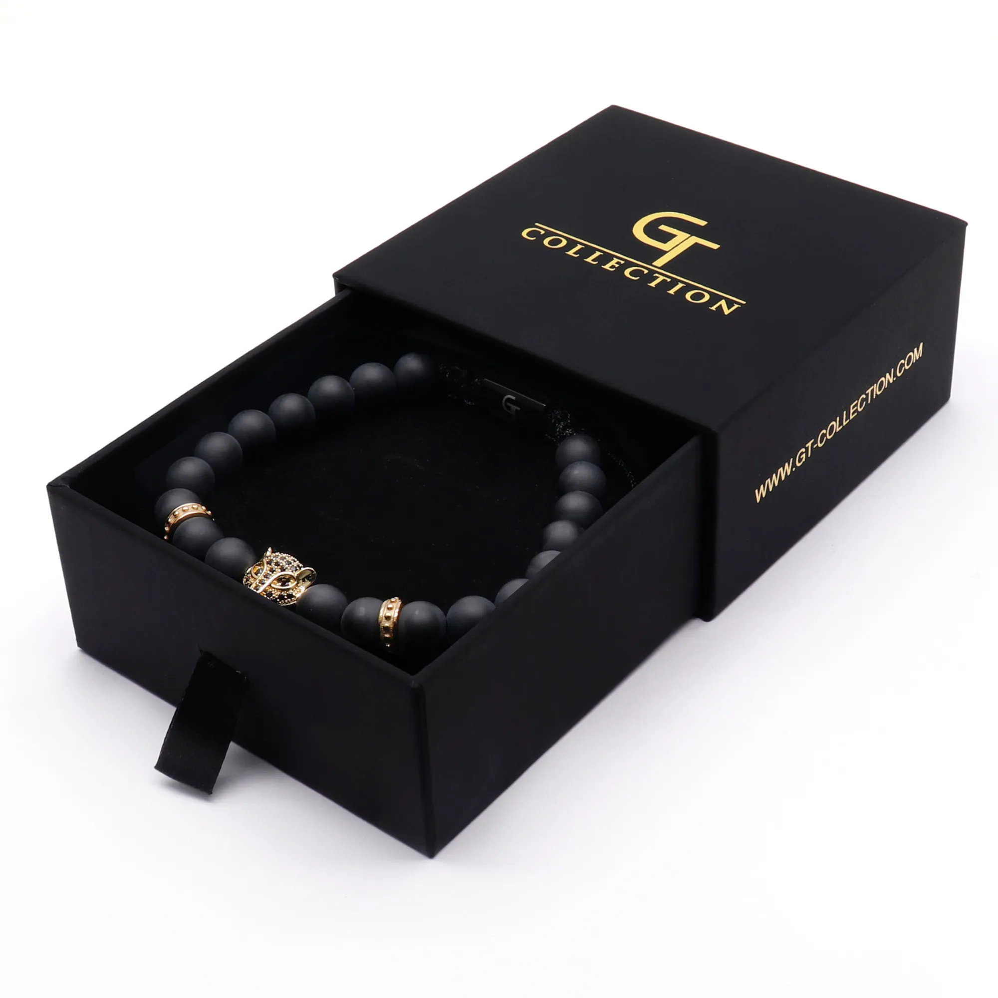 Men's BLACK ONYX Bracelet With Golden LEOPARD Head