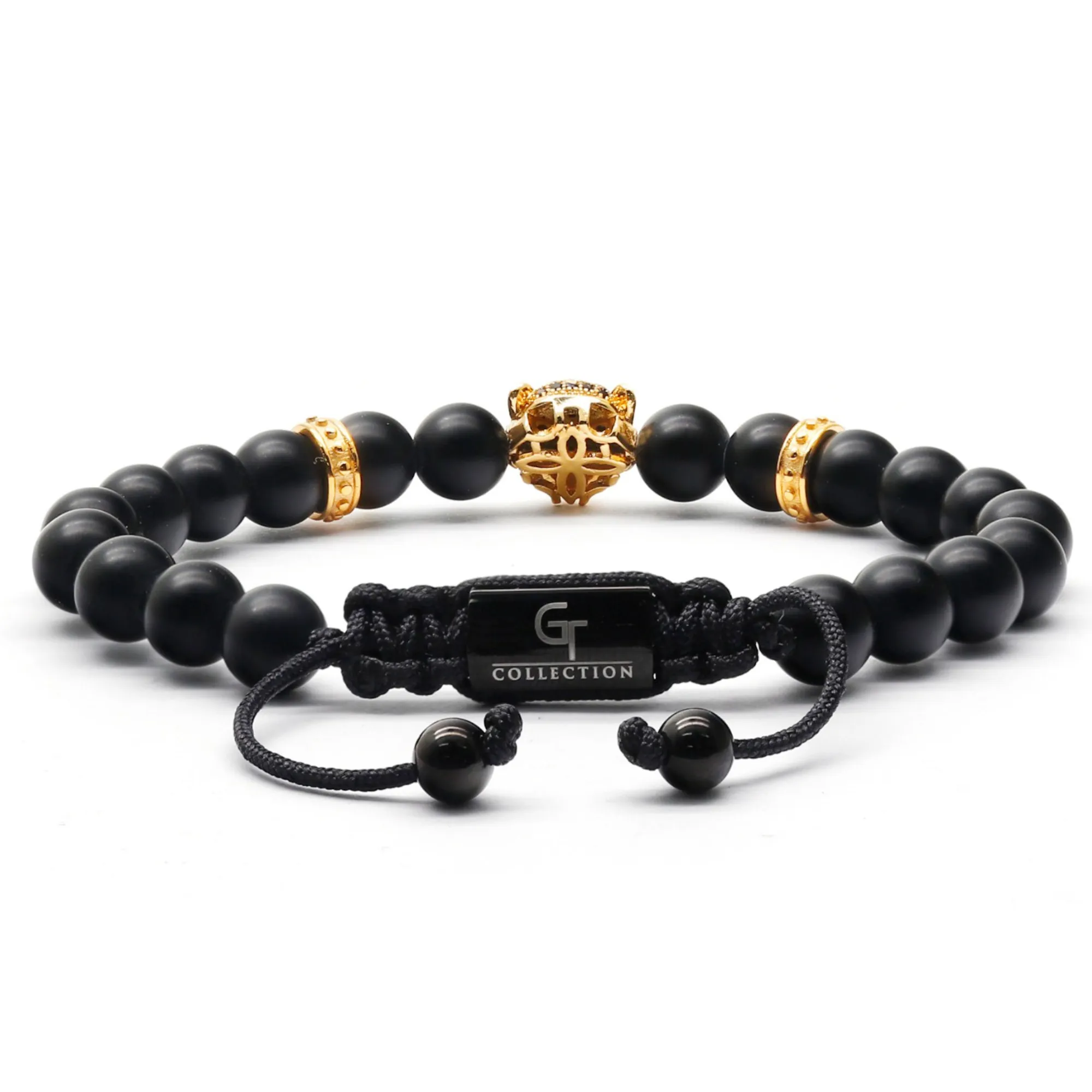 Men's BLACK ONYX Bracelet With Golden LEOPARD Head