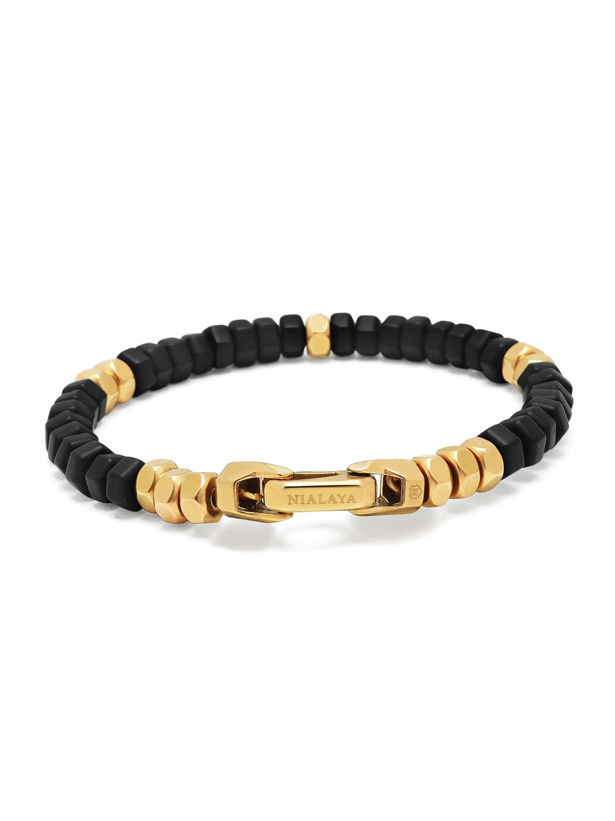 Men's Hexagon Beaded Bracelet with Black Onyx and Gold