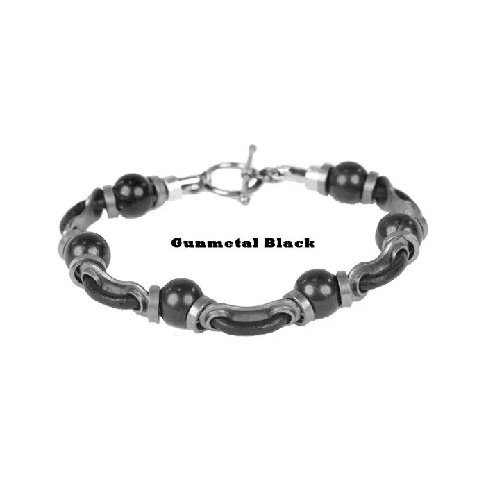 Men's Leather Link & Bead Bracelet