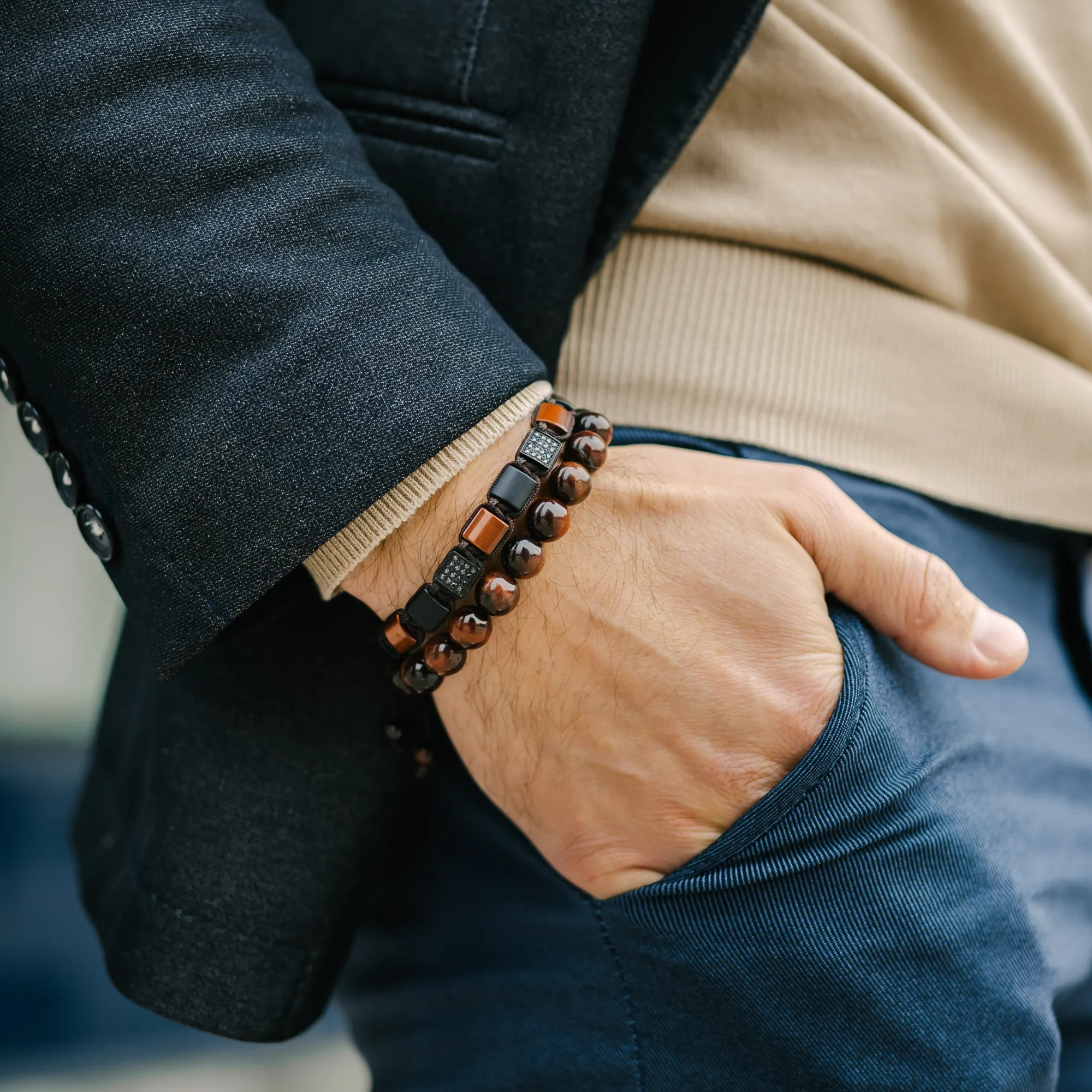 Men's RED TIGER EYE, MATTE ONYX Flat bead Bracelet