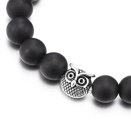 Mens Women 10MM Matt Black Onyx Beads Bracelet with Owl Charm, Stretchable