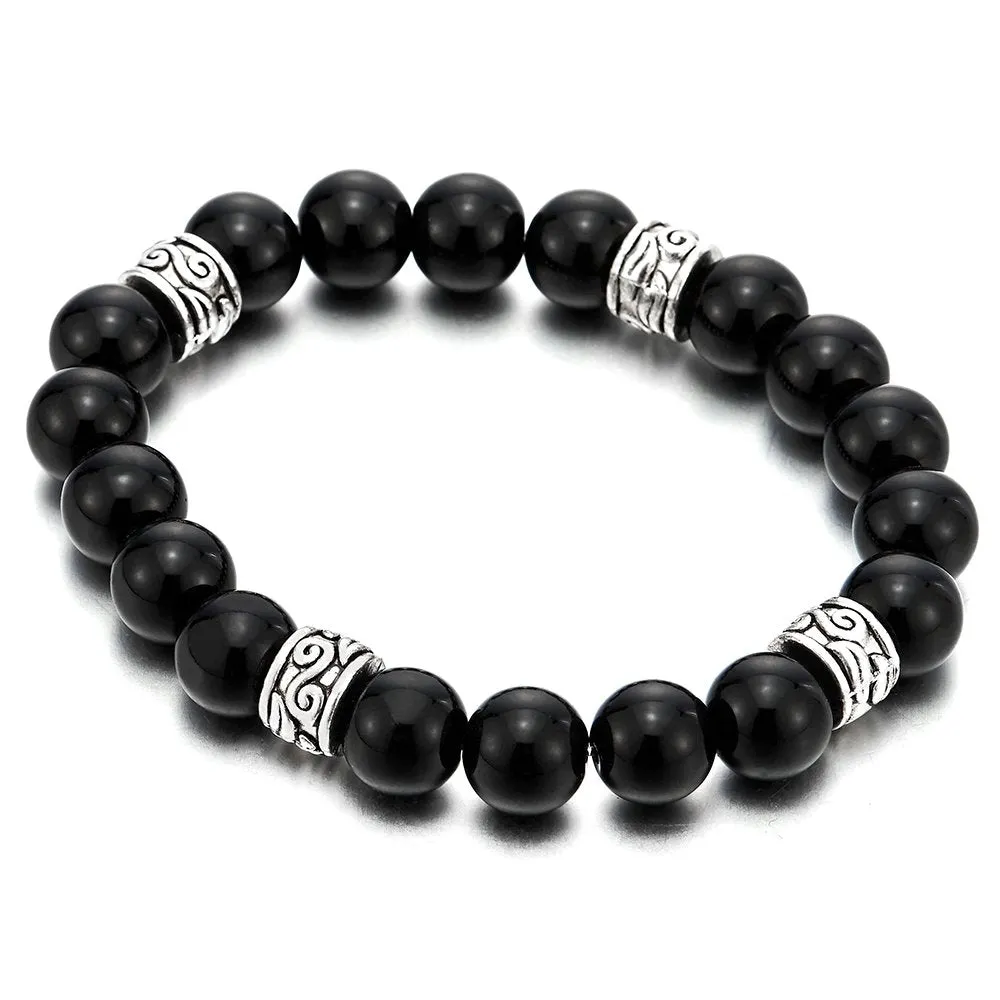 Mens Womens Black Beads Bracelet with 10mm Black Onyx and 4 Ethnic Metal Beads Charms, Prayer Mala