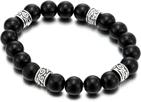 Mens Womens Black Beads Bracelet with 10mm Black Onyx and 4 Ethnic Metal Beads Charms, Prayer Mala