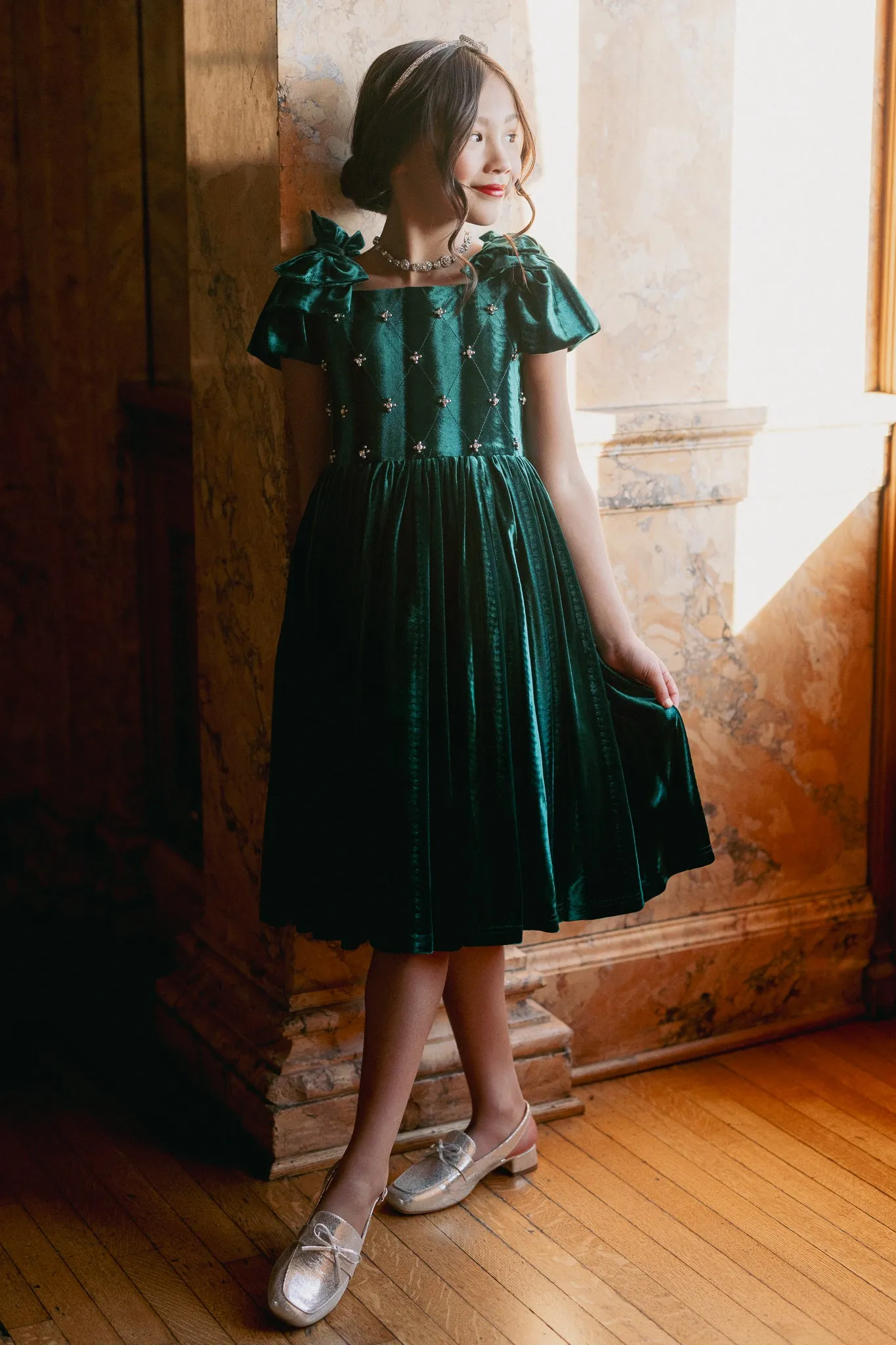 Mini Tiara Dress in Green Velvet - FINAL SALE