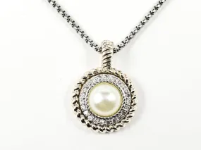 Modern Textured Round Charm Pendant With Center Pearl & CZ Two Tone Brass Necklace