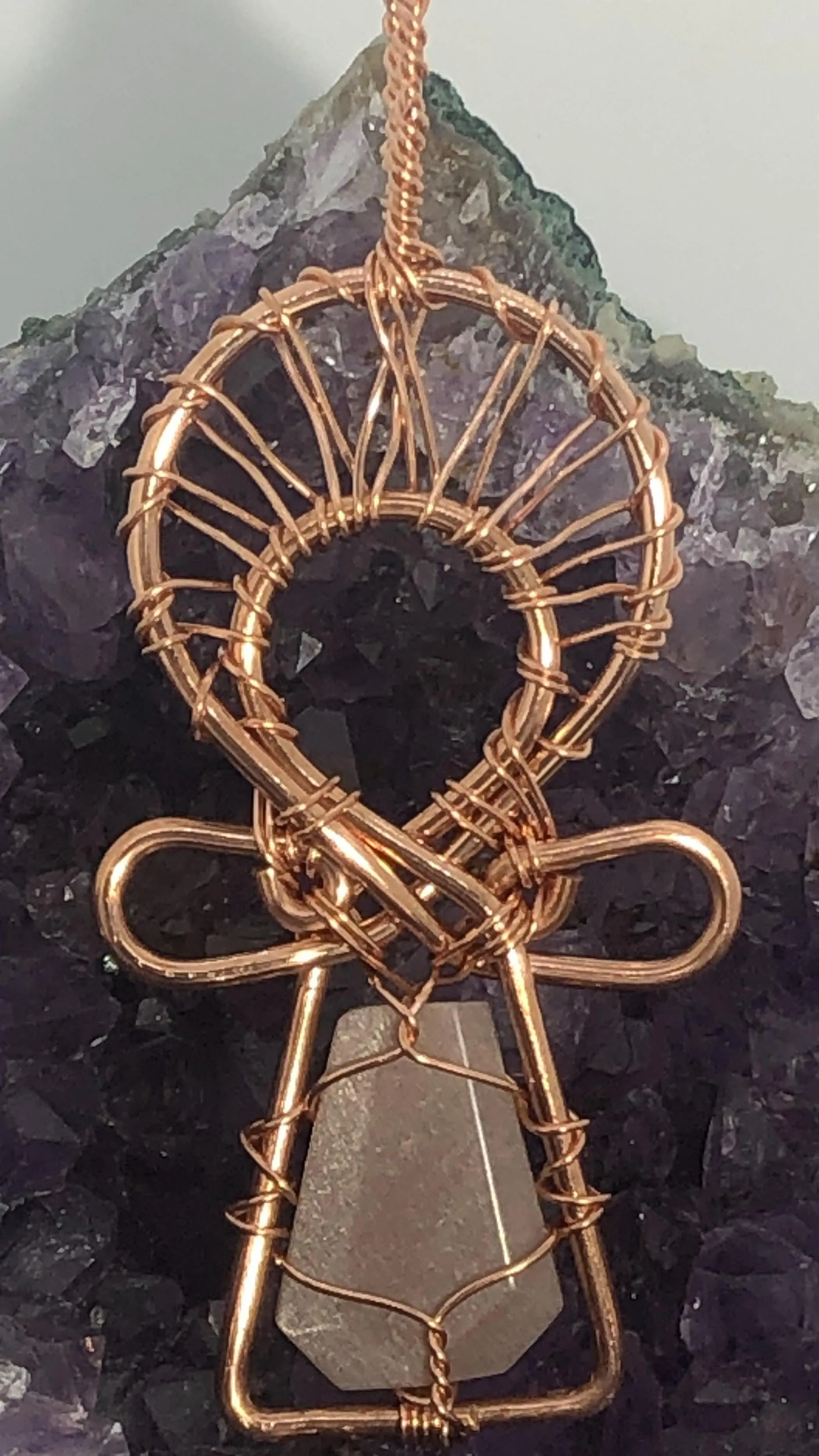 Moonstone Faceted Teardrop Copper Ankh Pendant