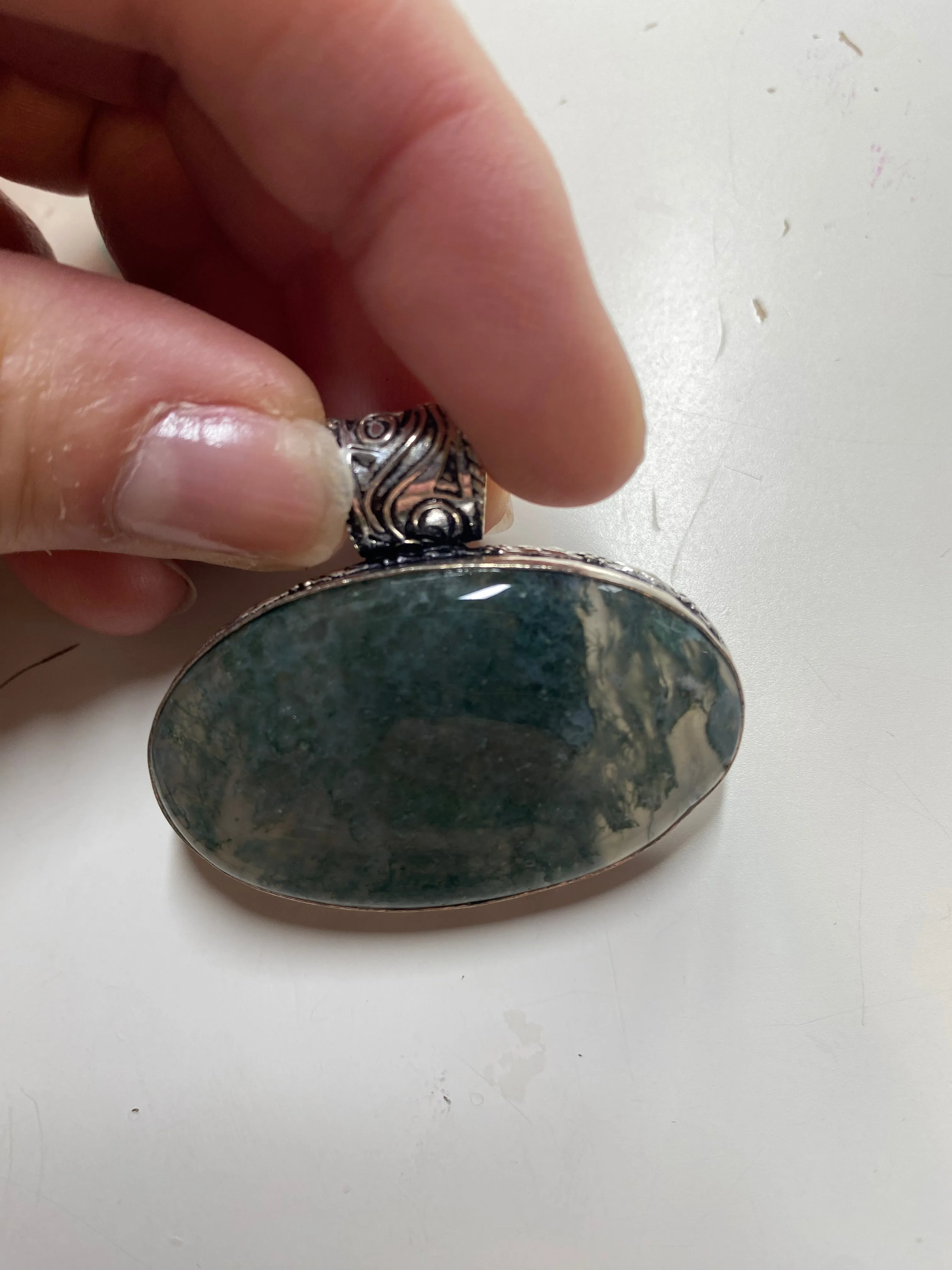 Moss agate stone, sterling silver plated,  pendant