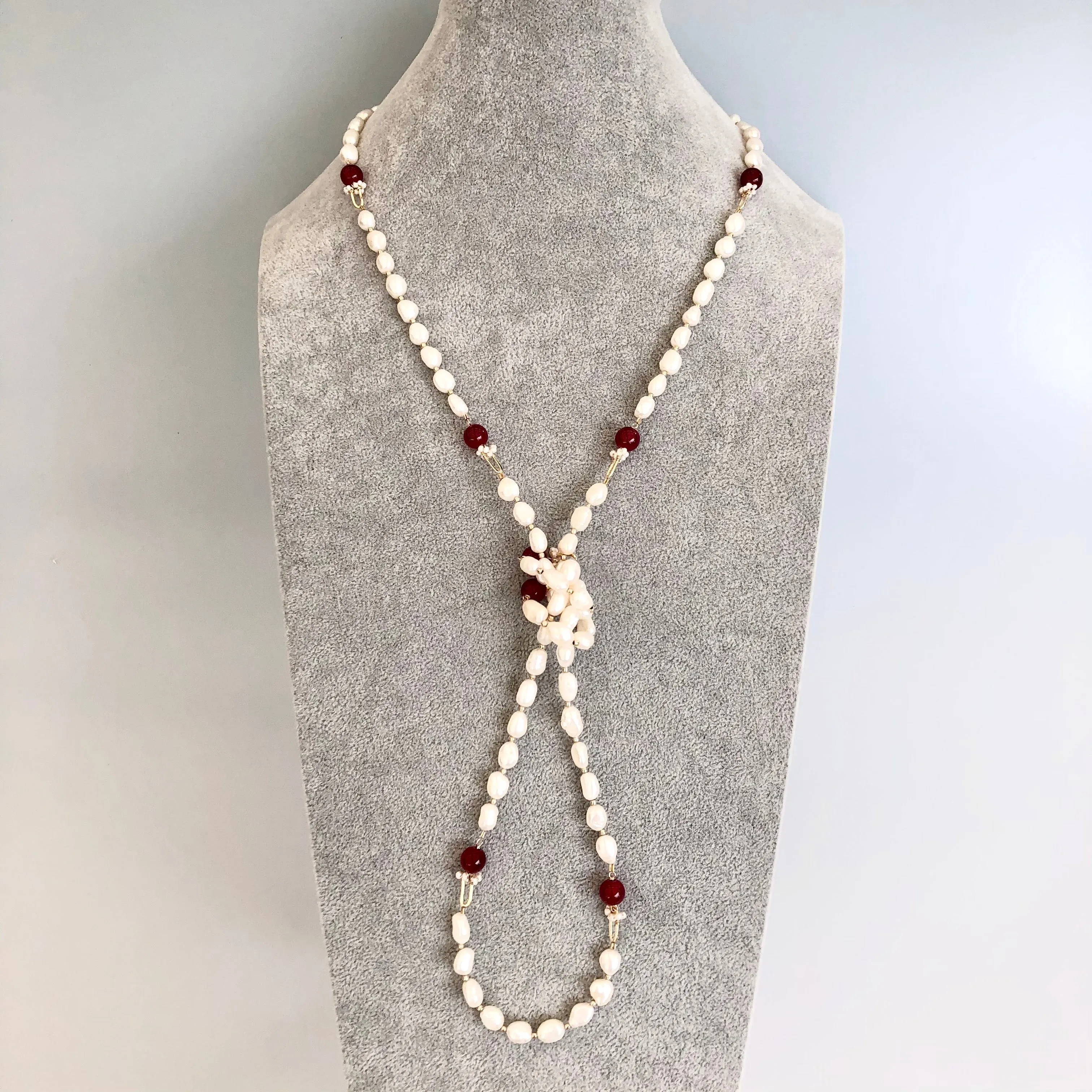 Multi-style Baroque Pearl Lariat Necklace Red Tassel Set