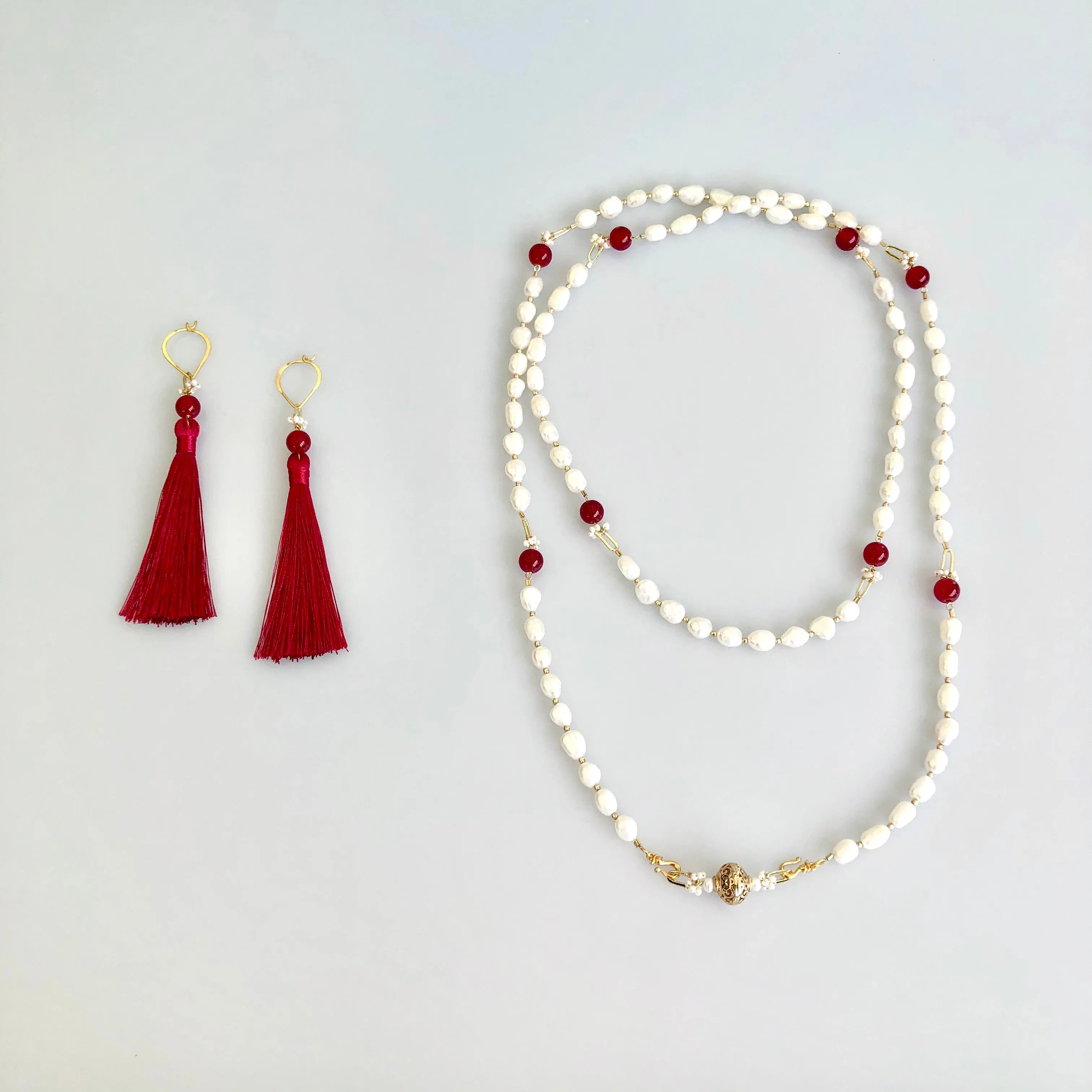 Multi-style Baroque Pearl Lariat Necklace Red Tassel Set