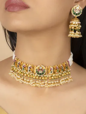 Multicolor Gold Plated Jadau Kundan Necklace Set - MS2030M