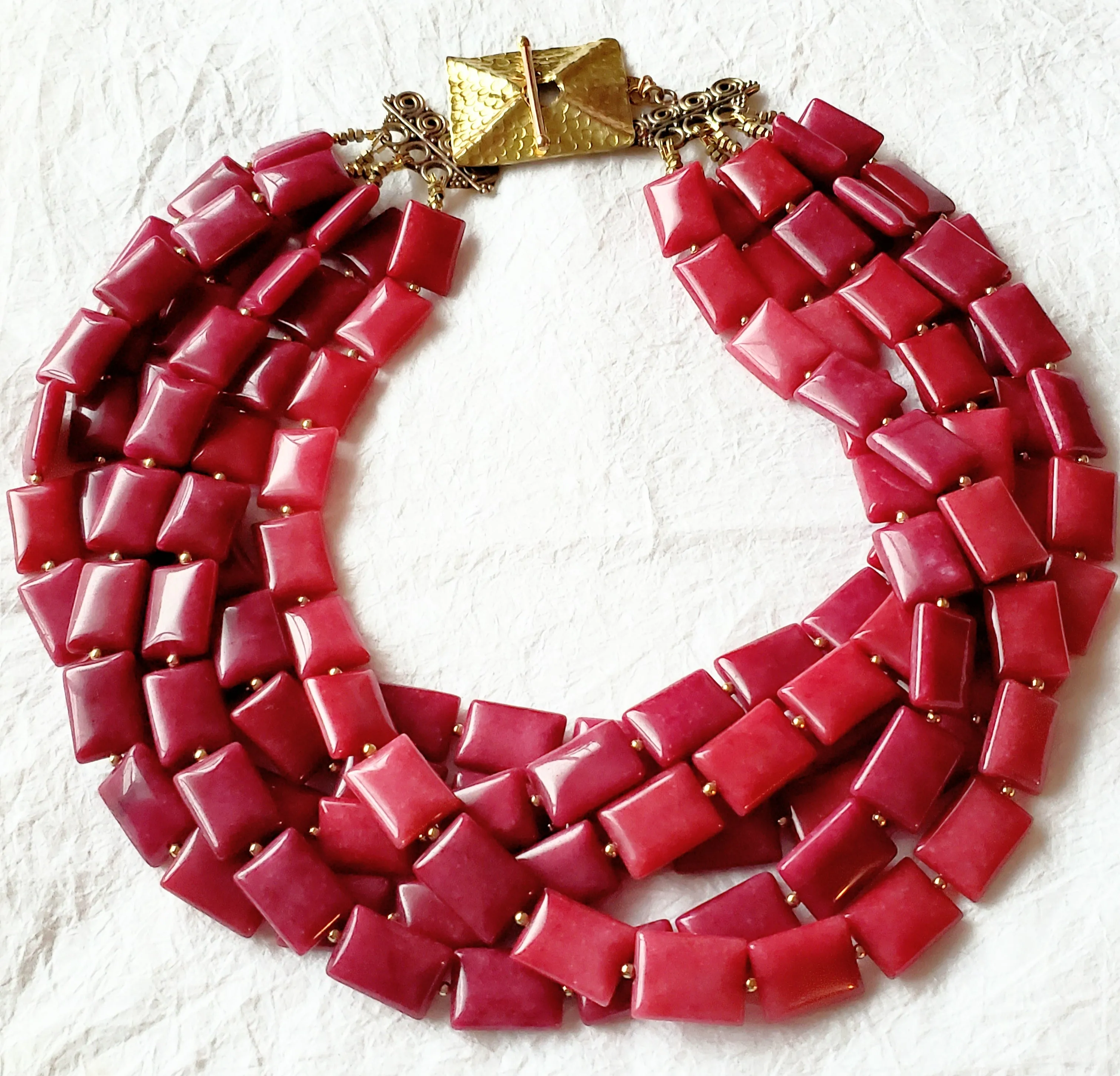 Multistrand Six Strand Raspberry Pink Dyed Jade Large Hammered Solid Brass Toggle Clasp Statement Necklace