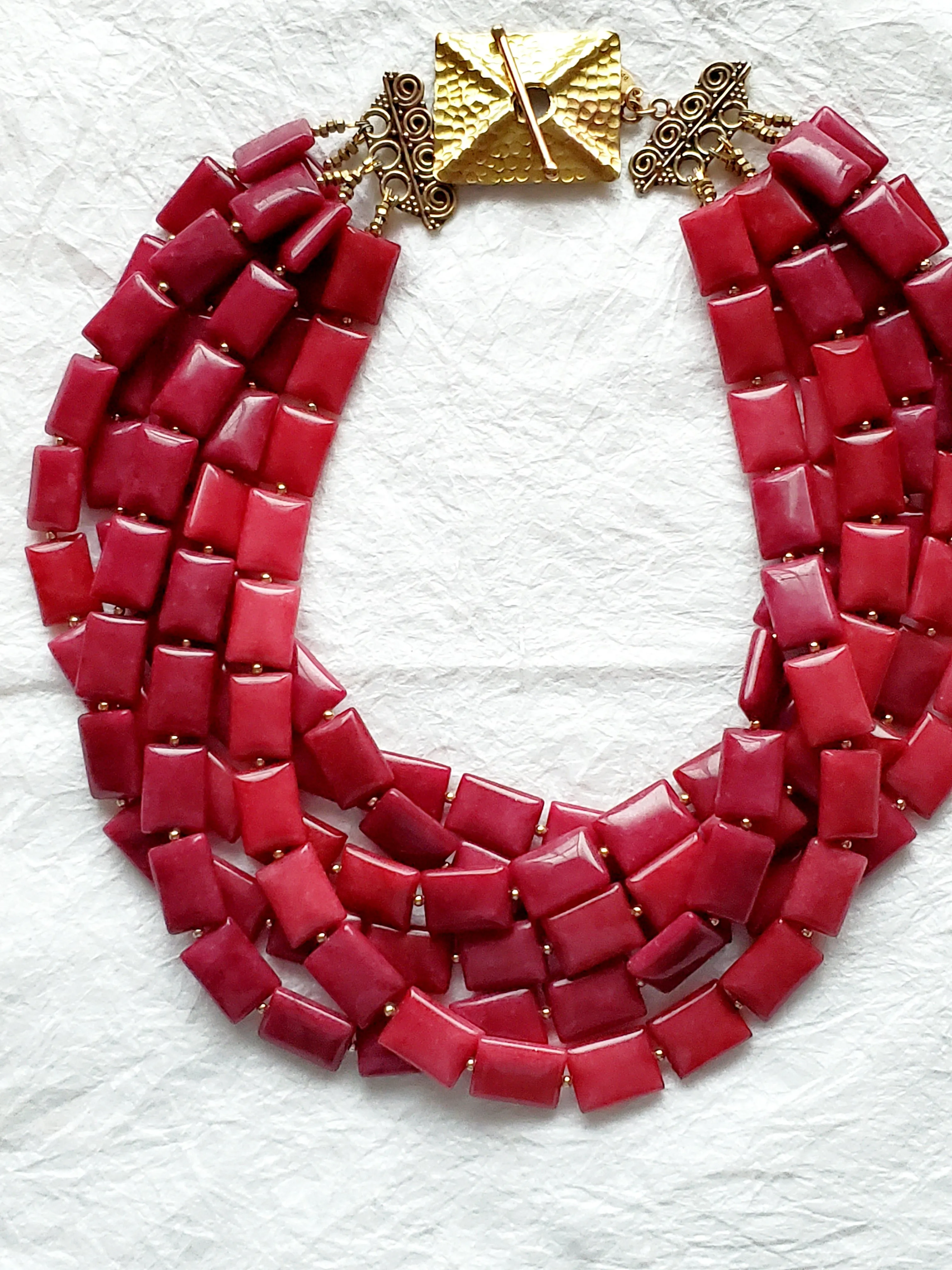 Multistrand Six Strand Raspberry Pink Dyed Jade Large Hammered Solid Brass Toggle Clasp Statement Necklace