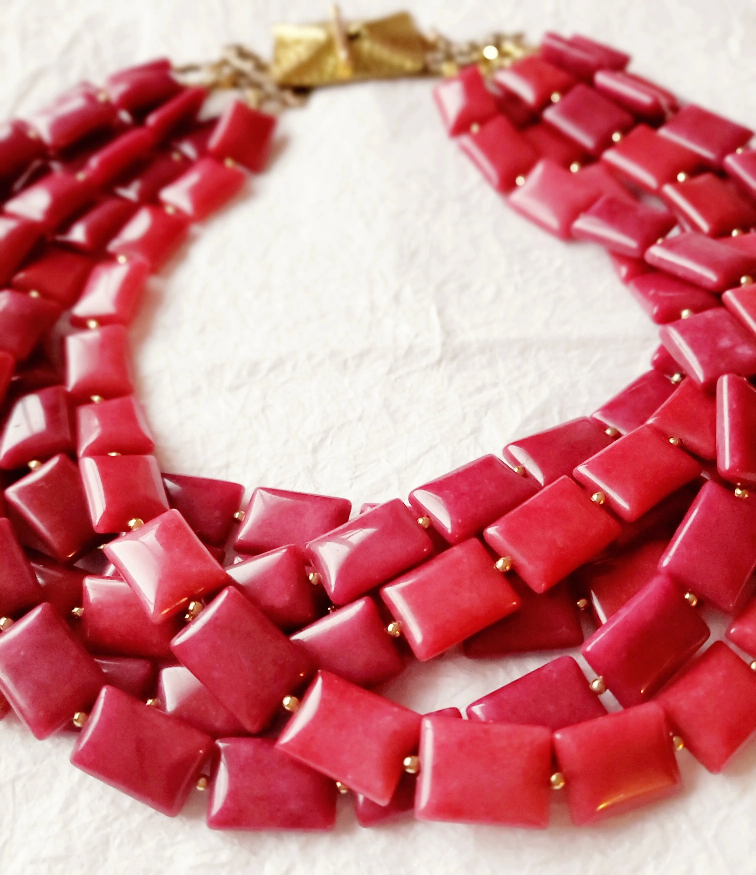 Multistrand Six Strand Raspberry Pink Dyed Jade Large Hammered Solid Brass Toggle Clasp Statement Necklace