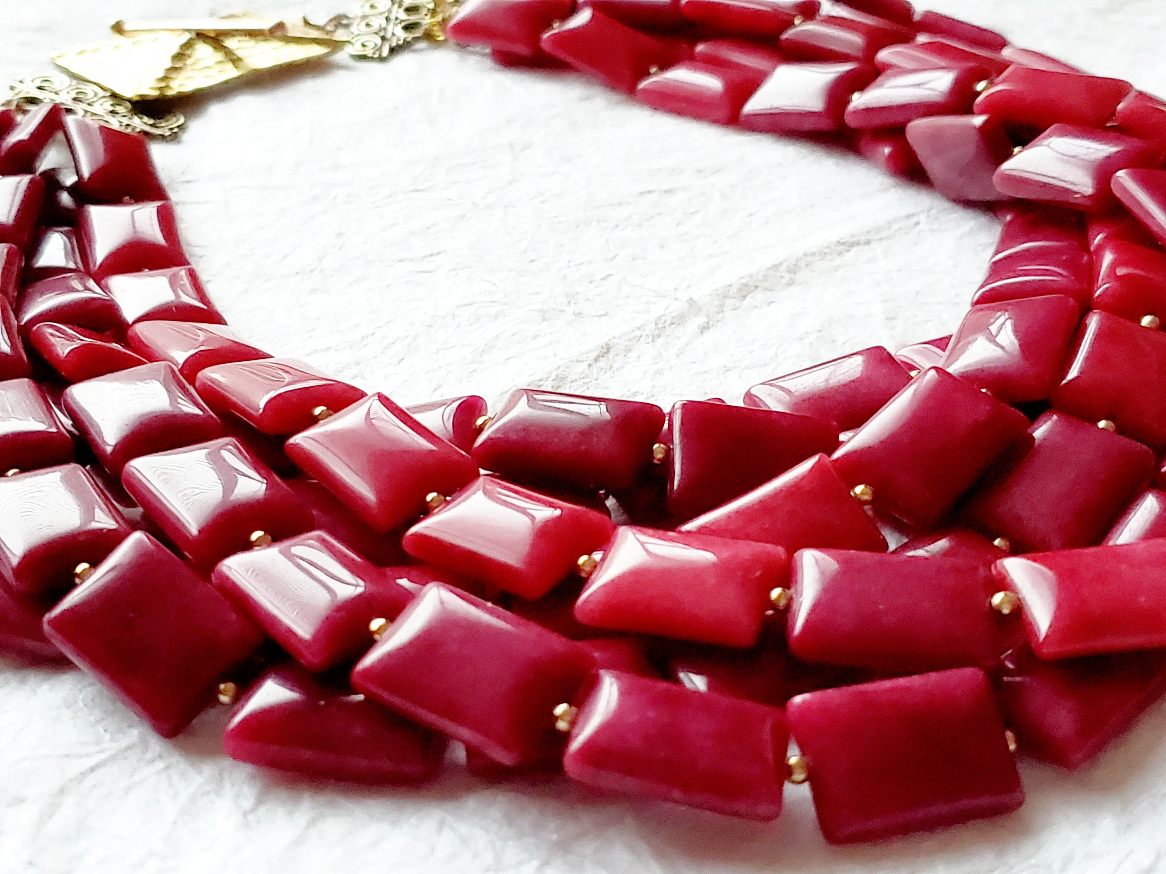 Multistrand Six Strand Raspberry Pink Dyed Jade Large Hammered Solid Brass Toggle Clasp Statement Necklace