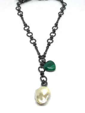 Nathan & Moe Gunmetal Chain Necklace with White Pearl and Malachite Heart