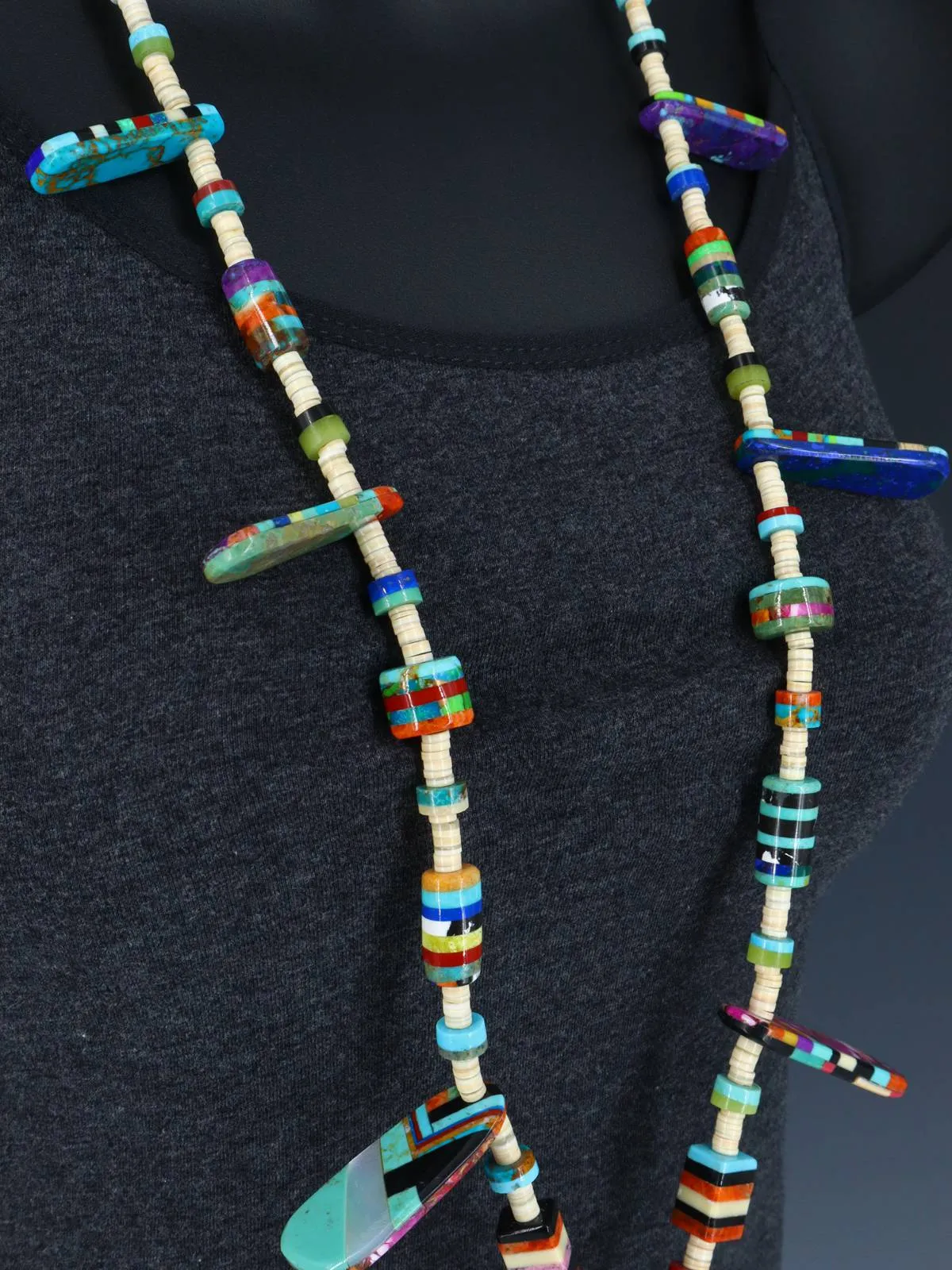 Native American Turquoise Carved Leaf Mosaic Single Strand Necklace