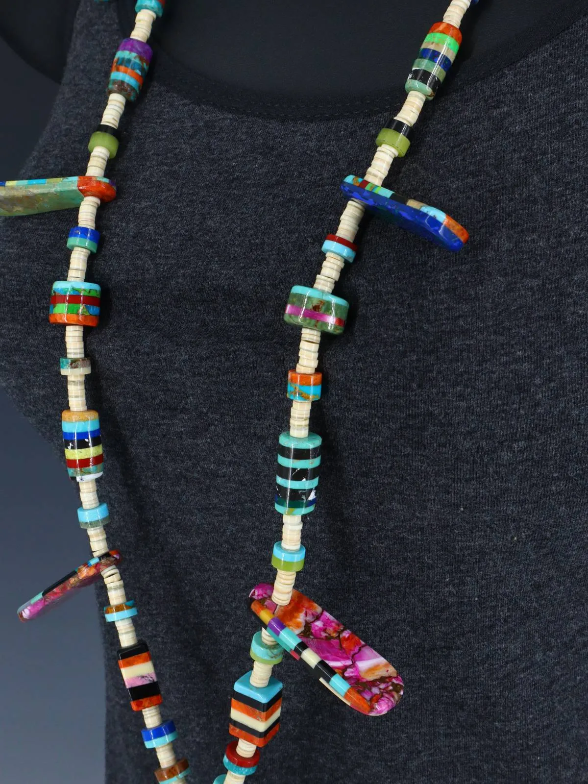 Native American Turquoise Carved Leaf Mosaic Single Strand Necklace