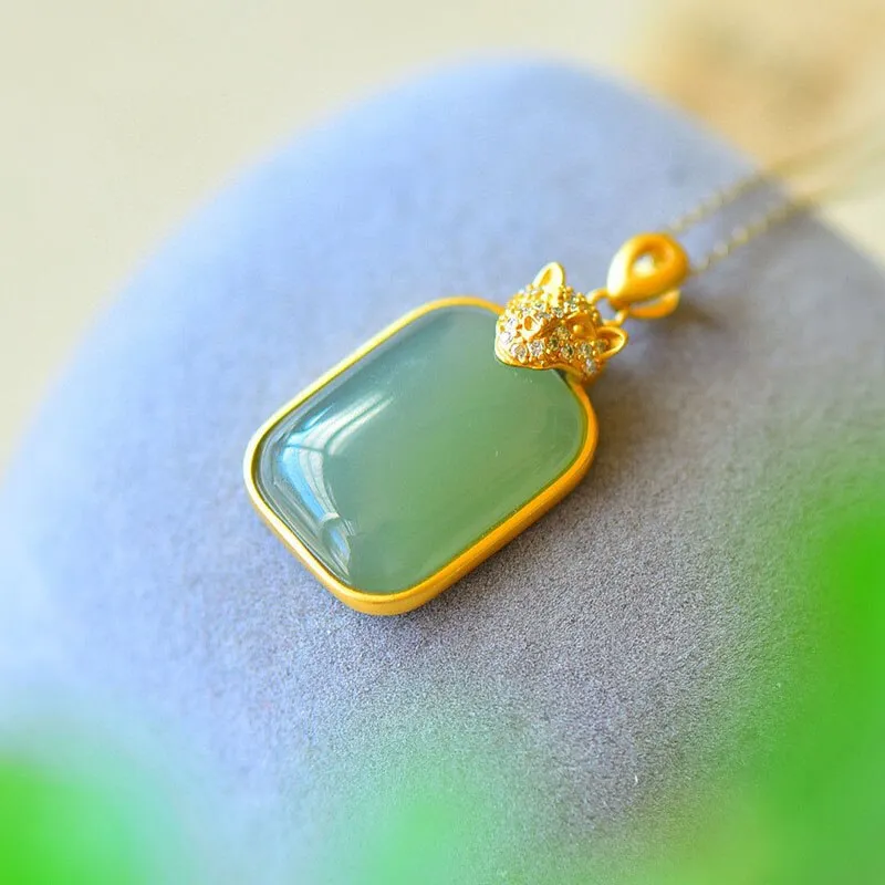 Natural Hetian Jade CZ Leopard Pendant Necklace