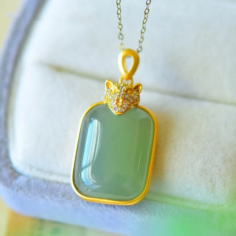 Natural Hetian Jade CZ Leopard Pendant Necklace