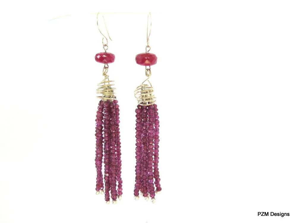 Natural Purple Garnet Tassel Earrings with Ruby Accents, Art Deco Tassel Earrings