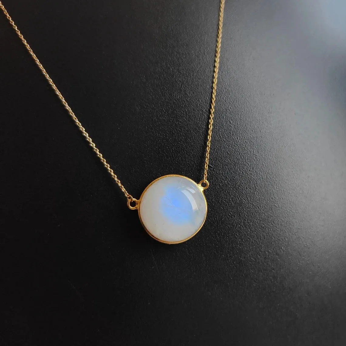 Natural Round Cut Rainbow Moonstone Simple Bezel Set Pendant - 14k Gold Vermeil Pendant