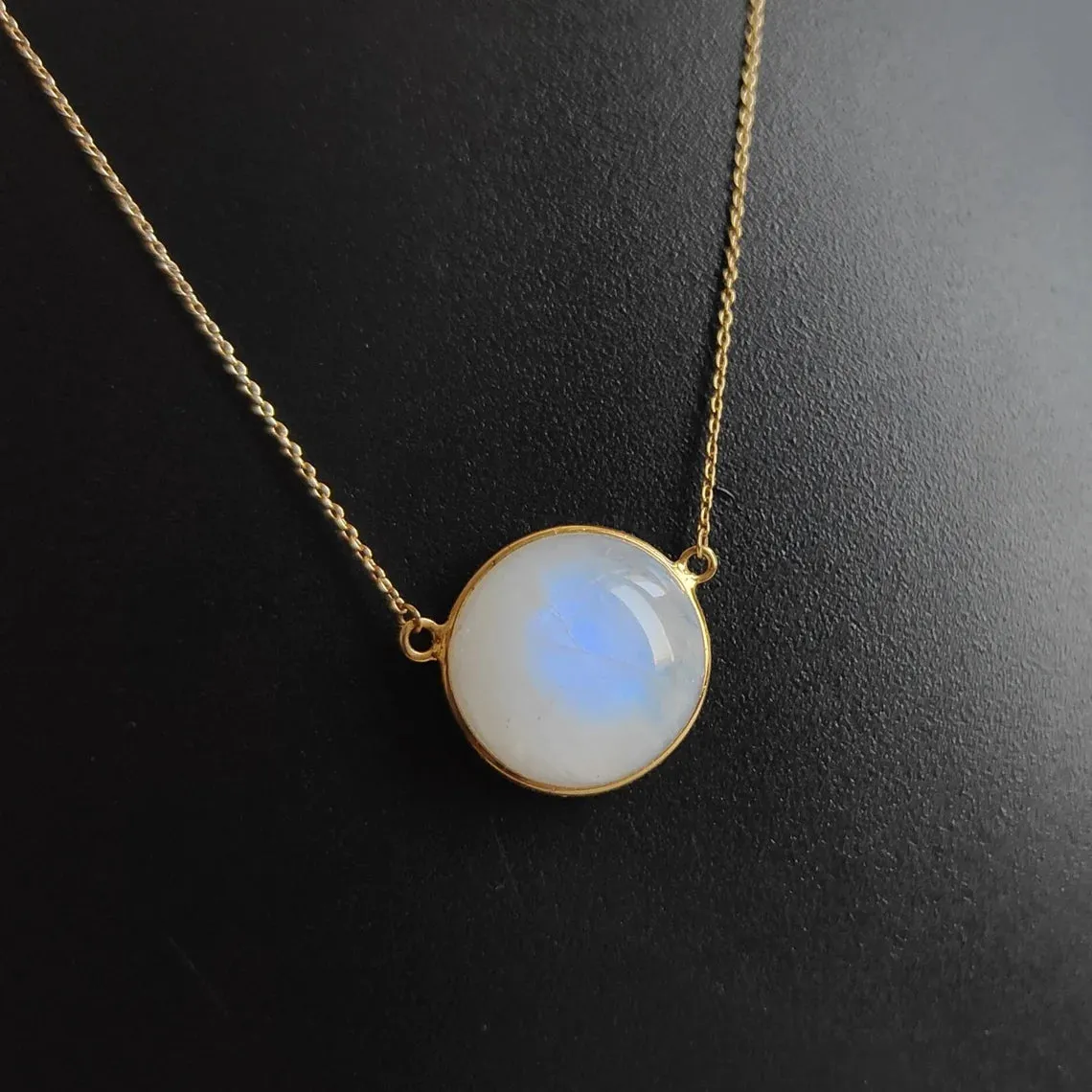 Natural Round Cut Rainbow Moonstone Simple Bezel Set Pendant - 14k Gold Vermeil Pendant