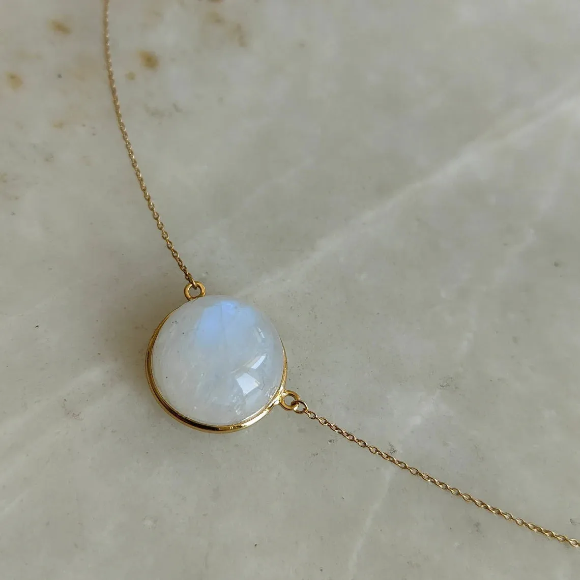 Natural Round Cut Rainbow Moonstone Simple Bezel Set Pendant - 14k Gold Vermeil Pendant