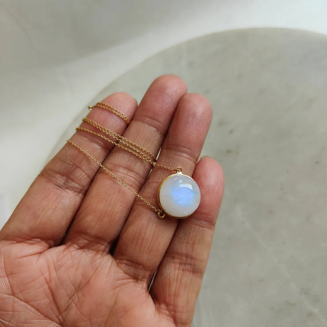 Natural Round Cut Rainbow Moonstone Simple Bezel Set Pendant - 14k Gold Vermeil Pendant